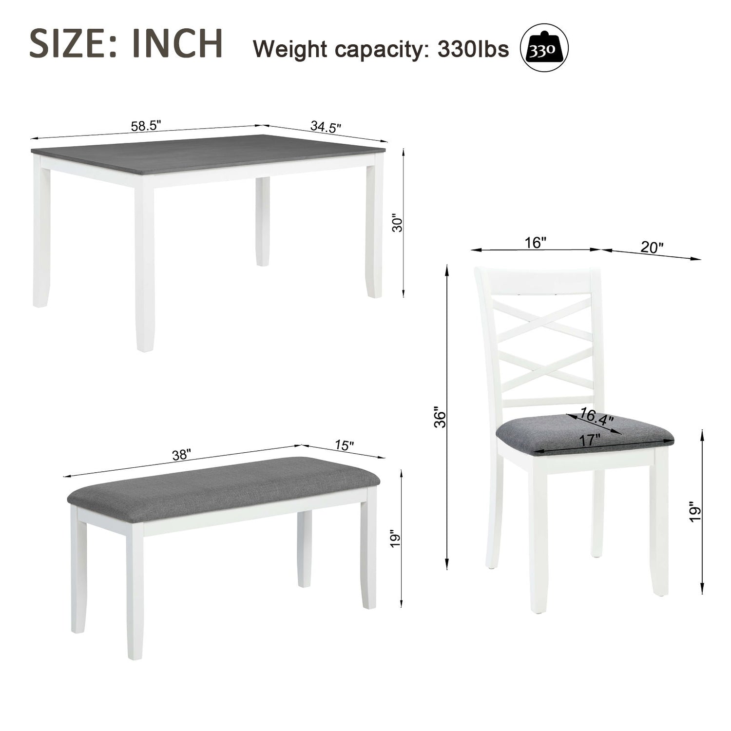 Elegant 6 Piece Dining Table Set With 4 Chairs And Bench