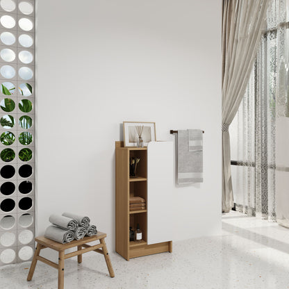 Freestanding Bathroom Side Cabinet, Narrow Storage Cabinet With Single Door &amp; 3 Tier Open Shelves - Black / Light Oak / White