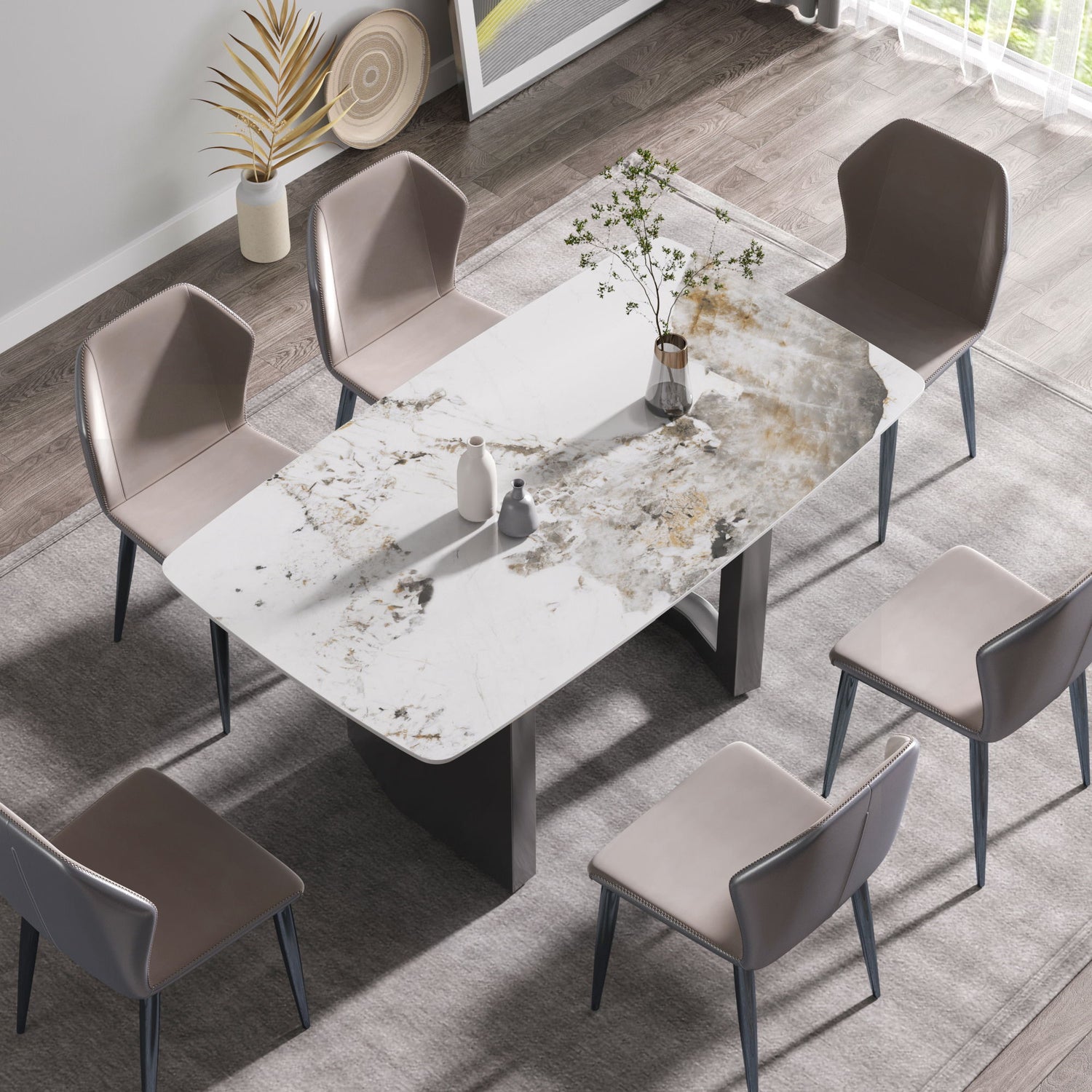 63&quot; Modern Artificial Stone Pandora White Curved Metal Leg Dining Table, 6 People - Antique White / Black