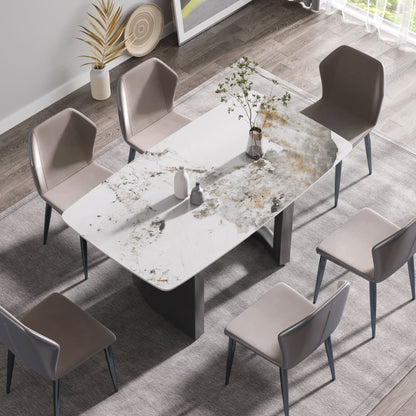 63&quot; Modern Artificial Stone Pandora White Curved Metal Leg Dining Table, 6 People - Antique White / Black
