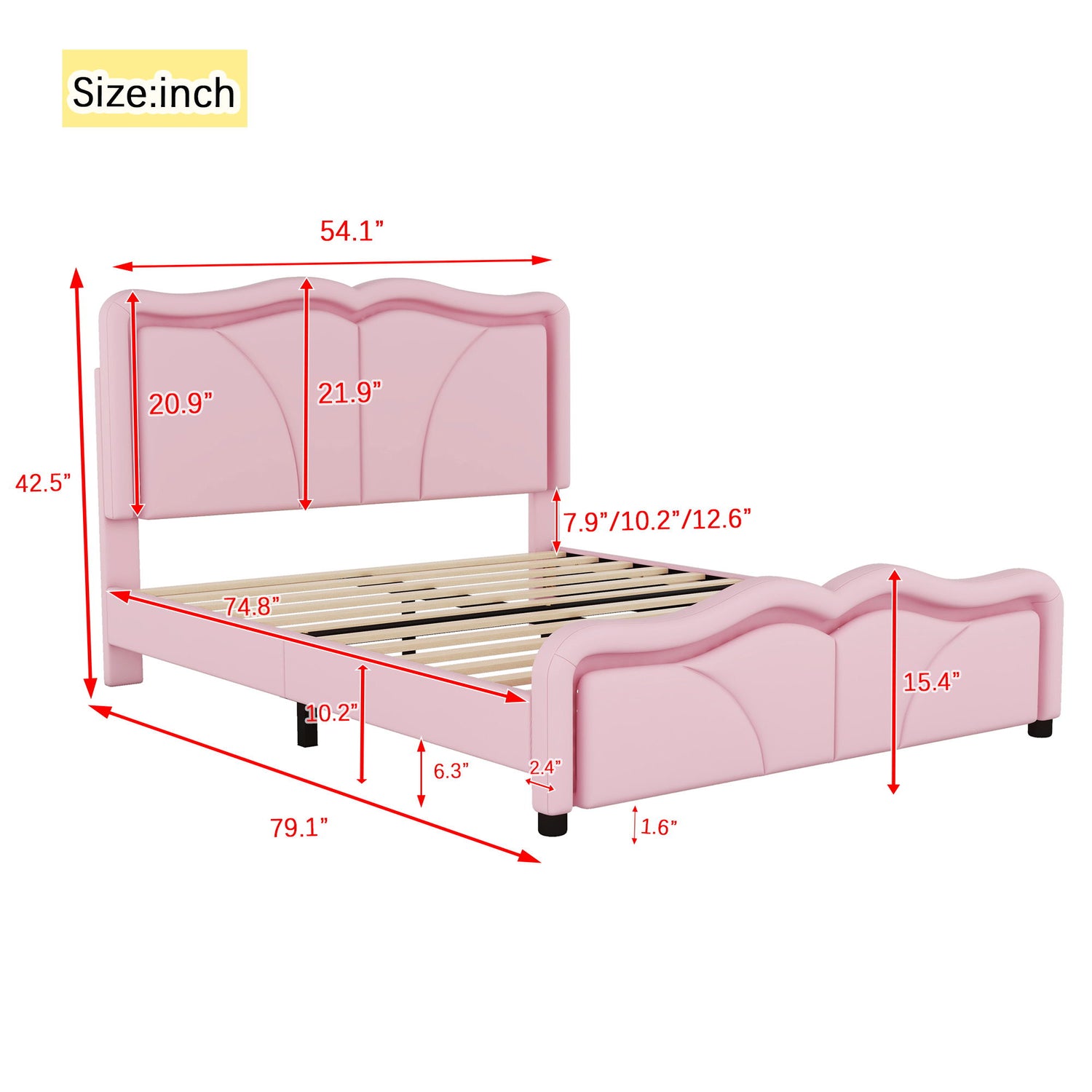Upholstered Platform Bed &amp; Curve Shaped And Height Adjustable Headboard, LED Light Strips
