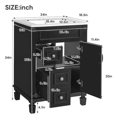 Bathroom Vanity With Sink, Compact Cabinet &amp; 2 Drawers And Adjustable Shelf