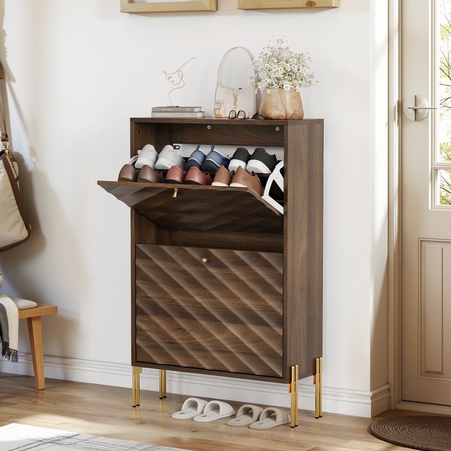Shoe Cabinet, Freestanding Organizer For Entryway - Walnut
