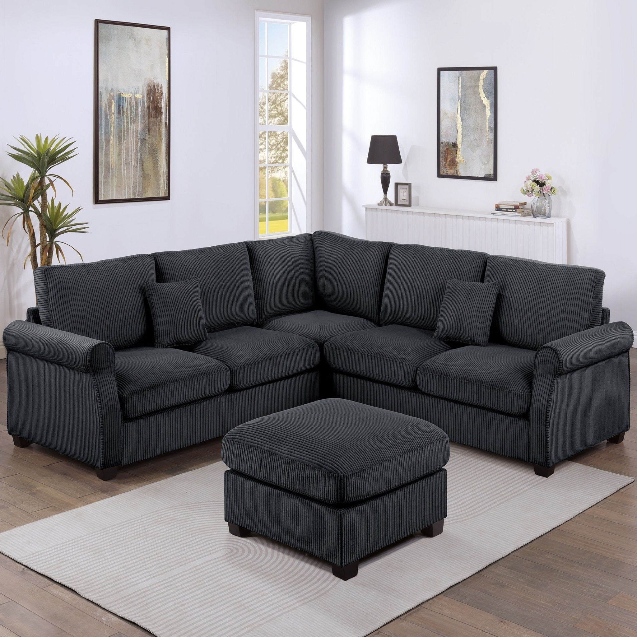 Modern Sectional Set With Corner Wedge, Loveseat, Ottoman &amp; 2 Pillows