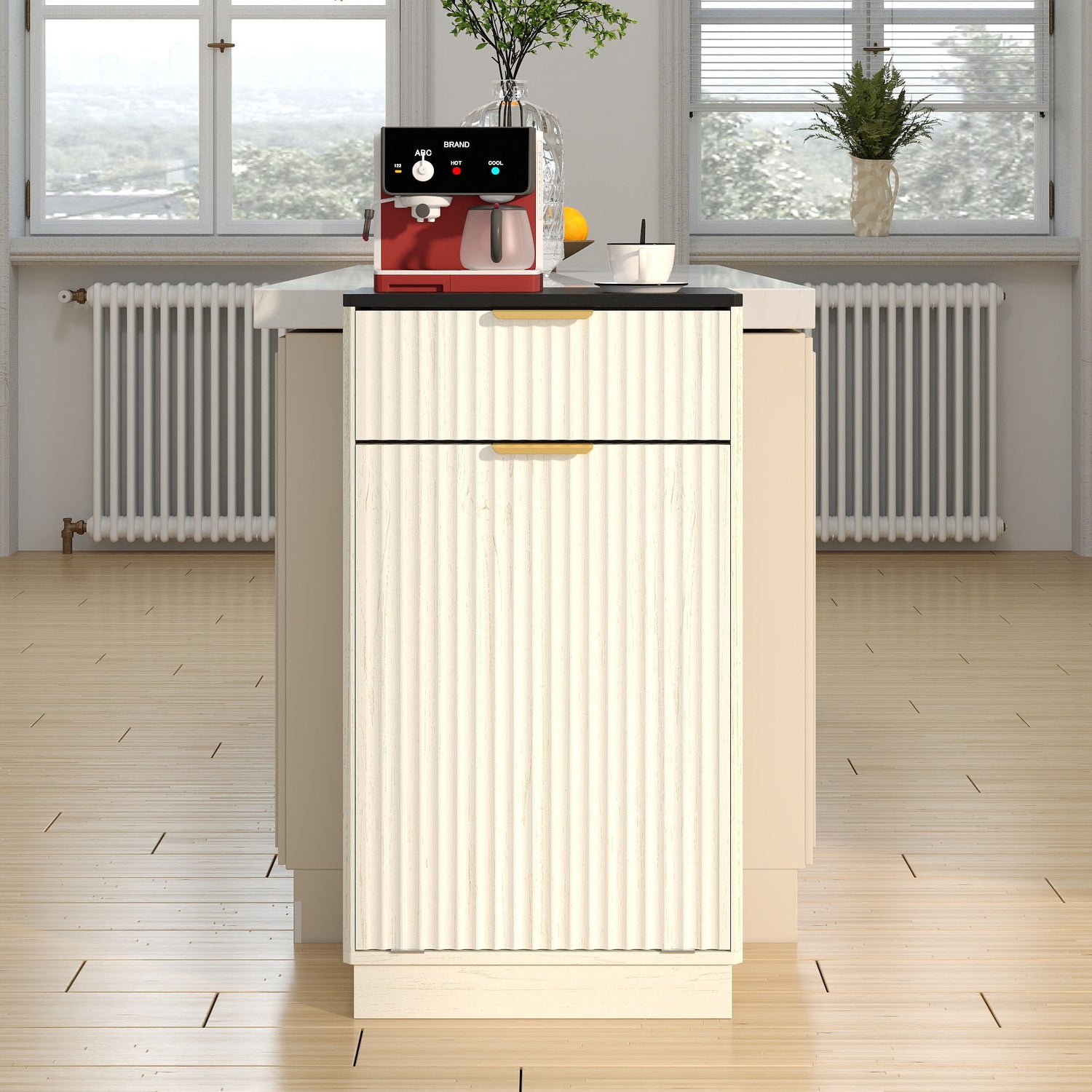 Tilt Out Trash Can Cabinet With Wave Textured Drawer &amp; Pull Out Bin