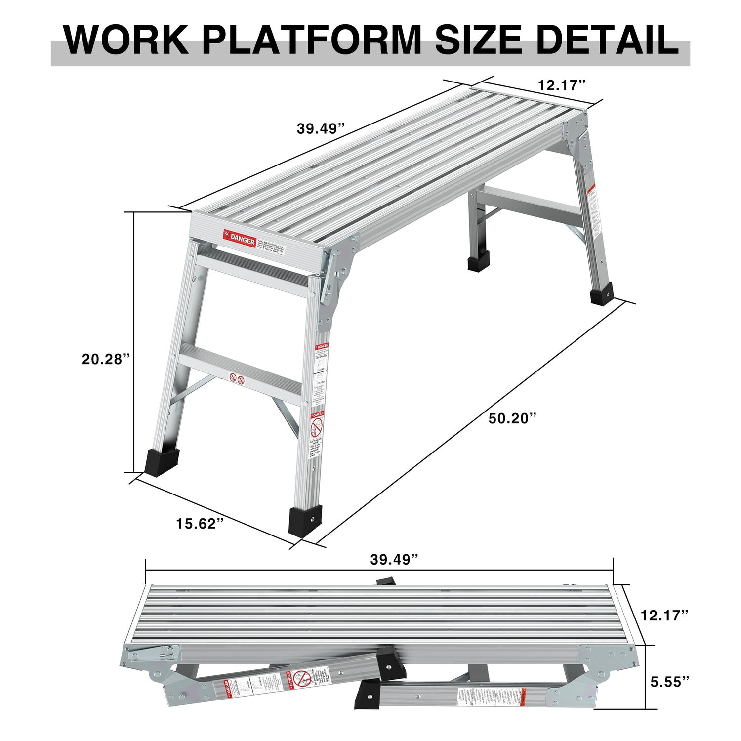 Work Platform Aluminum Portable Bench Folding Ladder Ansi Capacity 225 Lbs 40&quot; - Gray
