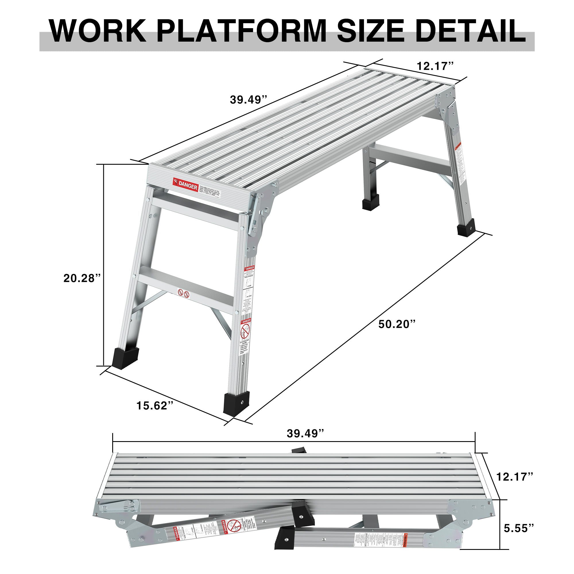 Work Platform Aluminum Portable Bench Folding Ladder Ansi Capacity 225 Lbs 40&quot; - Gray