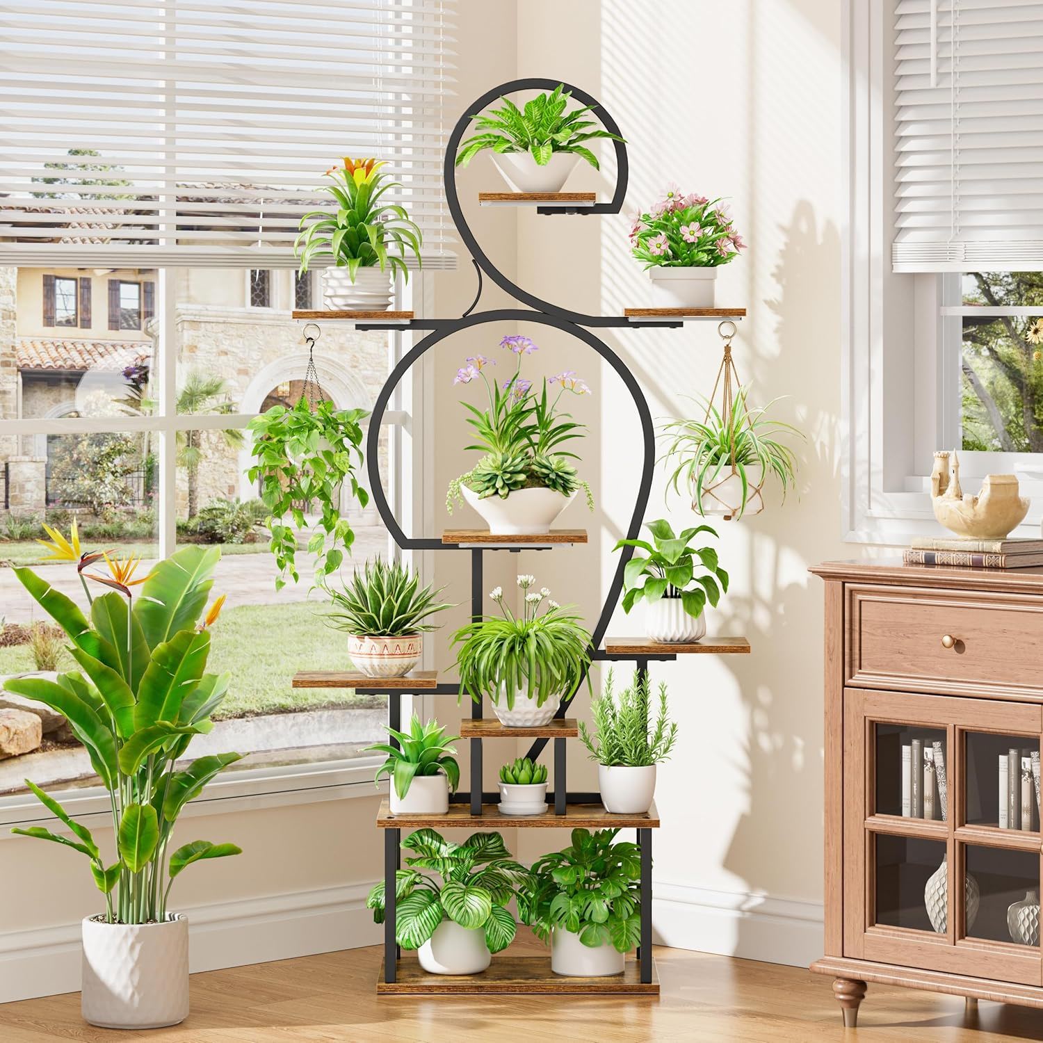 Plant Stand Indoor With Grow Light, 9 Tiered 63&quot; Tall Indoor Plant Shelves For Multiple Plants - Walnut / Black