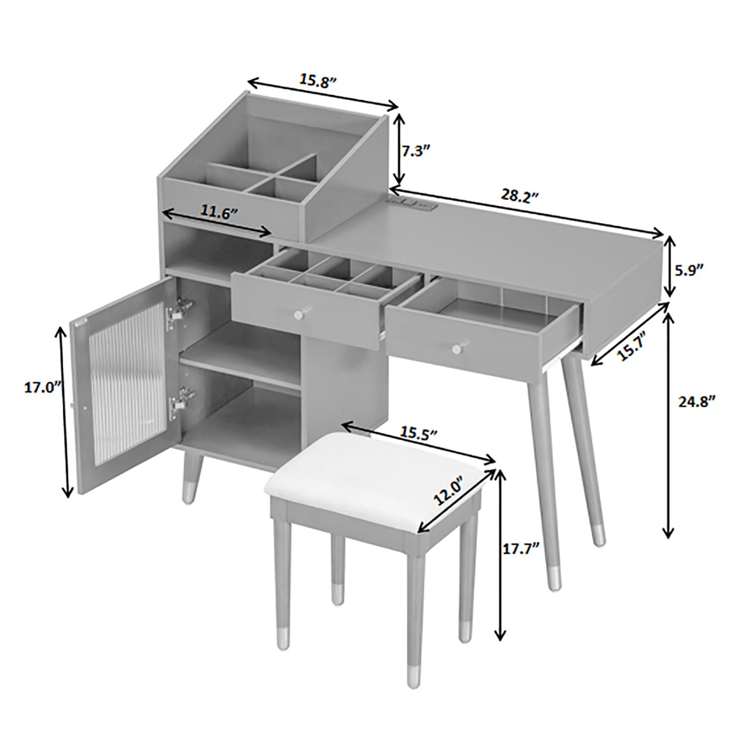 Modern Makeup Vanity Desk With Drawers Cabinet &amp; Charging Port Engineered Wood Space Saving Design For Small Places - Black