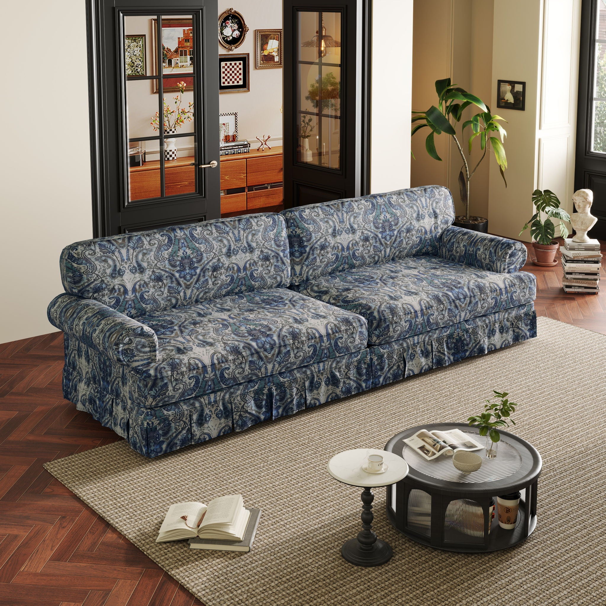 Luxuriously Comfortable Cloud Couch With Elegant Rolled Arms &amp; Pleated Skirt Design