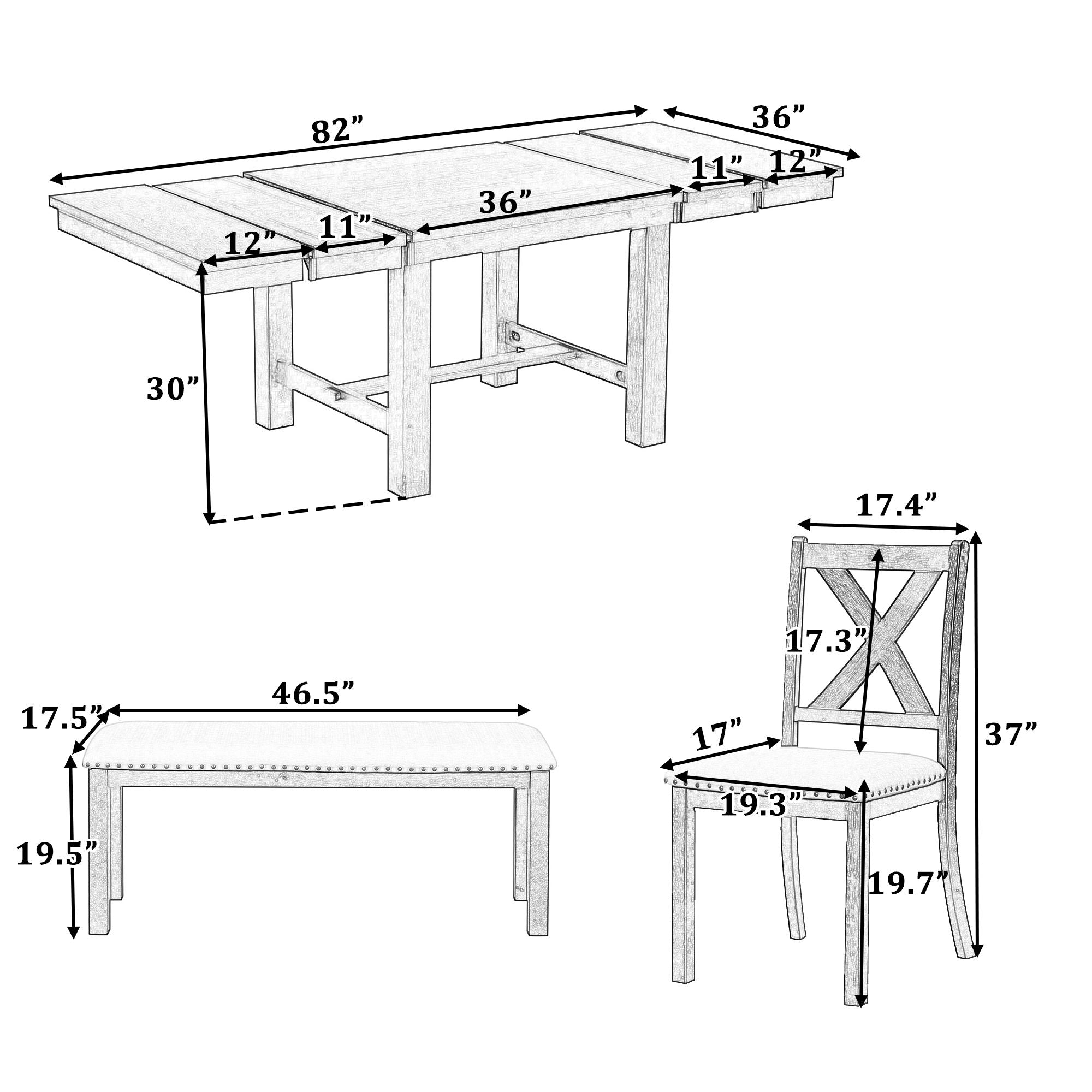 Topmax - 6 Piece Farmhouse Extendable Dining Table With Footrest, 4 Upholstered Dining Chairs And Dining Bench, Two 11&quot; Removable Leaf