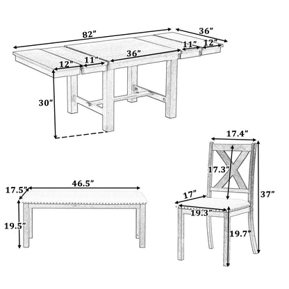 Topmax - 6 Piece Farmhouse Extendable Dining Table With Footrest, 4 Upholstered Dining Chairs And Dining Bench, Two 11&quot; Removable Leaf