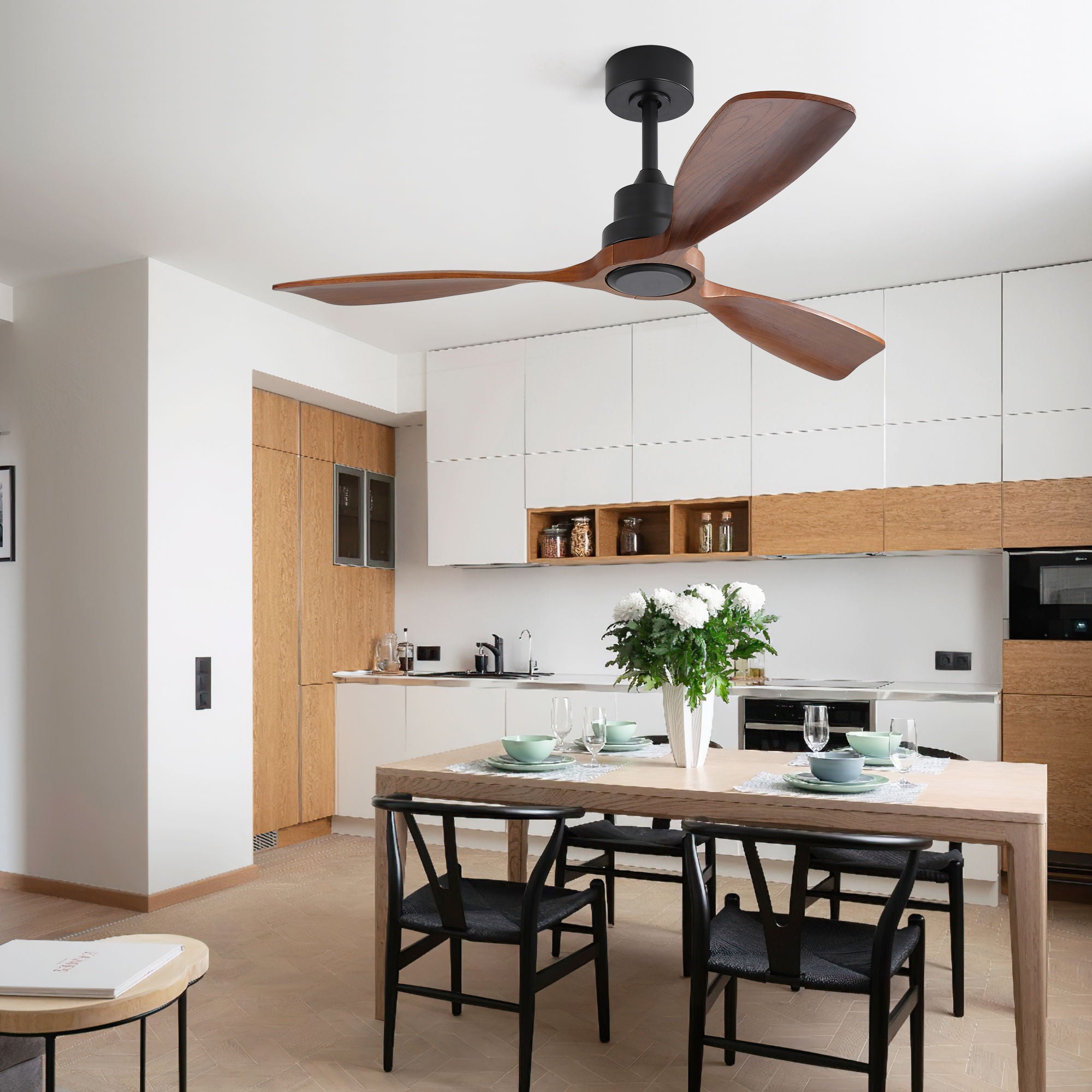 48&quot; Ceiling Fan Without Light, 3 Solid Wood Blades Outdoor Ceiling Fan 6 - Speed Reversible DC Motor For Living Room - Black