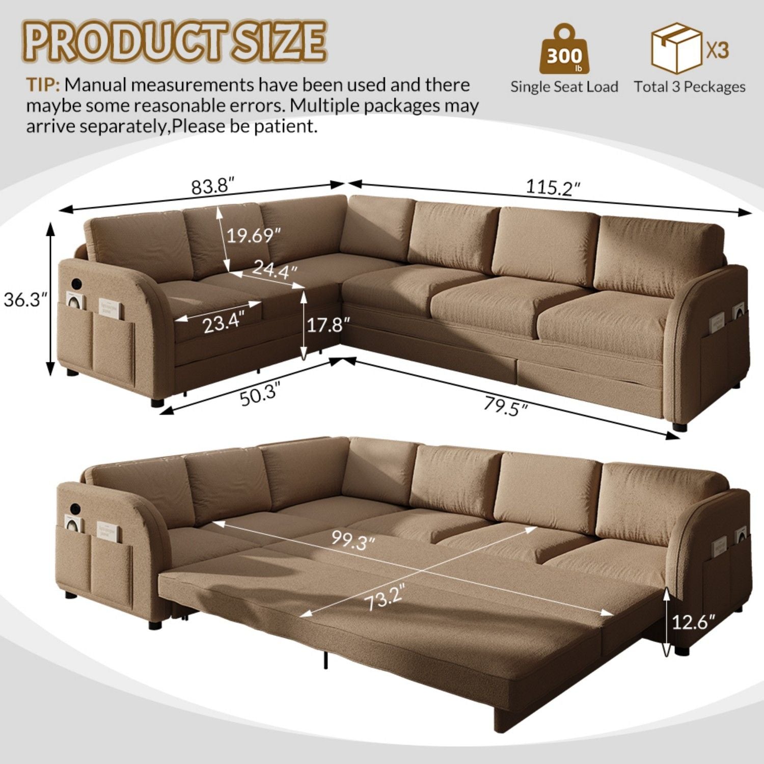 L-Shaped Couch With Pull-Out Bed, Convertible Sleeper Sofa With Side Pocket &amp; USB Port
