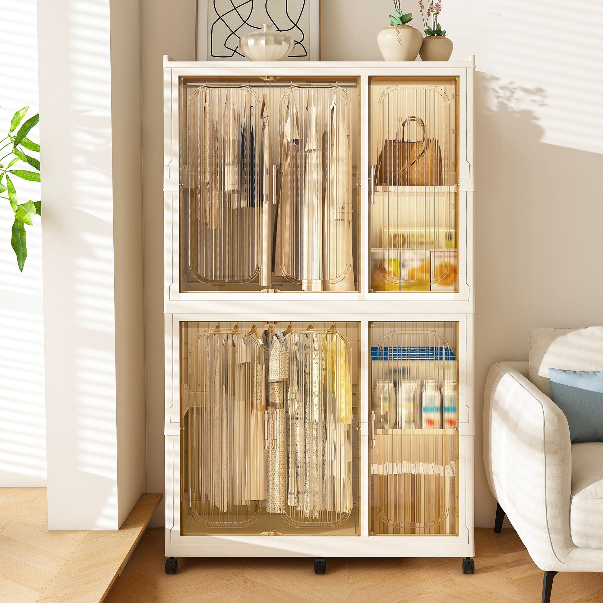 Portable Wardrobe Closet Storage Organizer For Clothes, 6 Magnetic Doors With 6 Cubes &amp; 2 Hanging Rods, 6 Hangers - Cream White