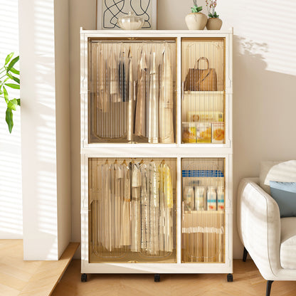 Portable Wardrobe Closet Storage Organizer For Clothes, 6 Magnetic Doors With 6 Cubes &amp; 2 Hanging Rods, 6 Hangers - Cream White