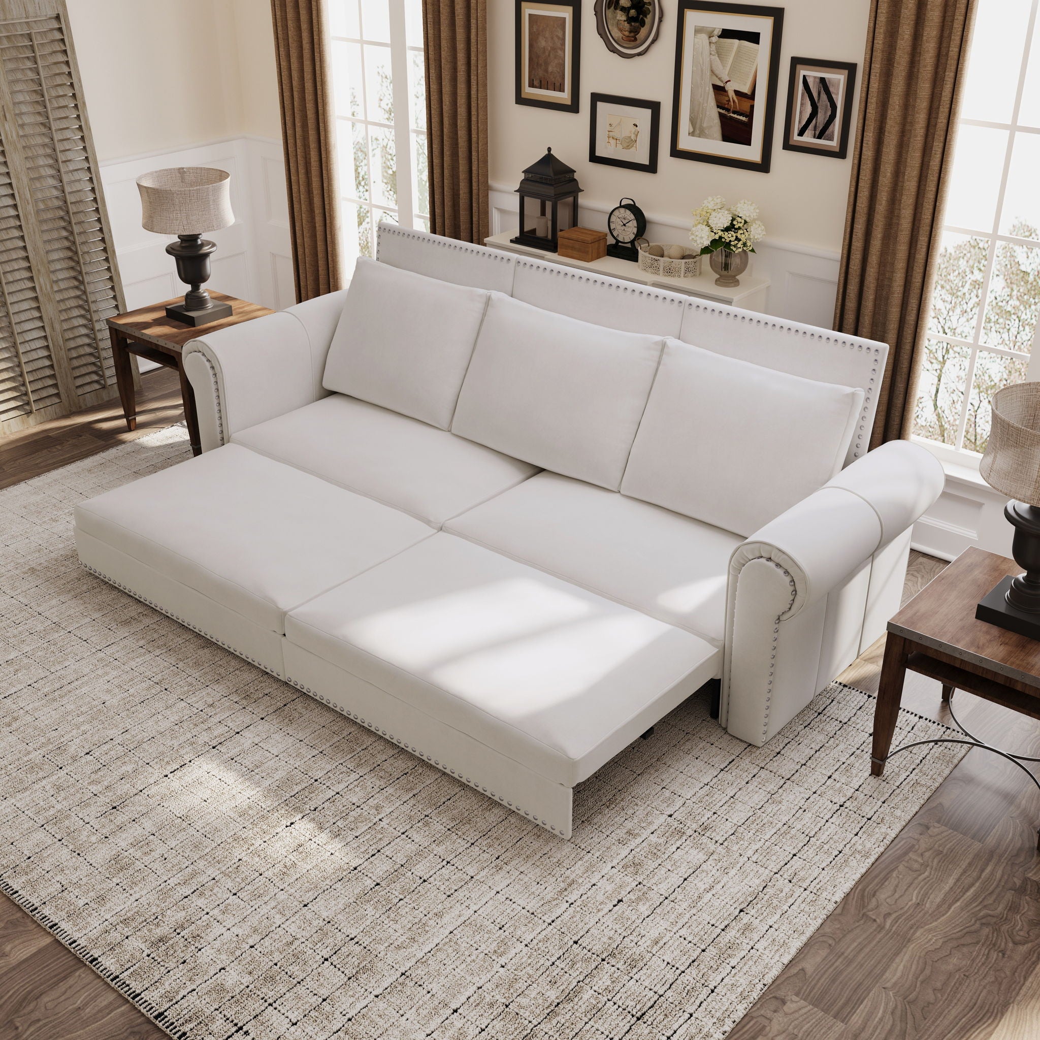 3 In 1 Convertible Sleeper Sofa With Nailhead Trim &amp; Rolled Arm