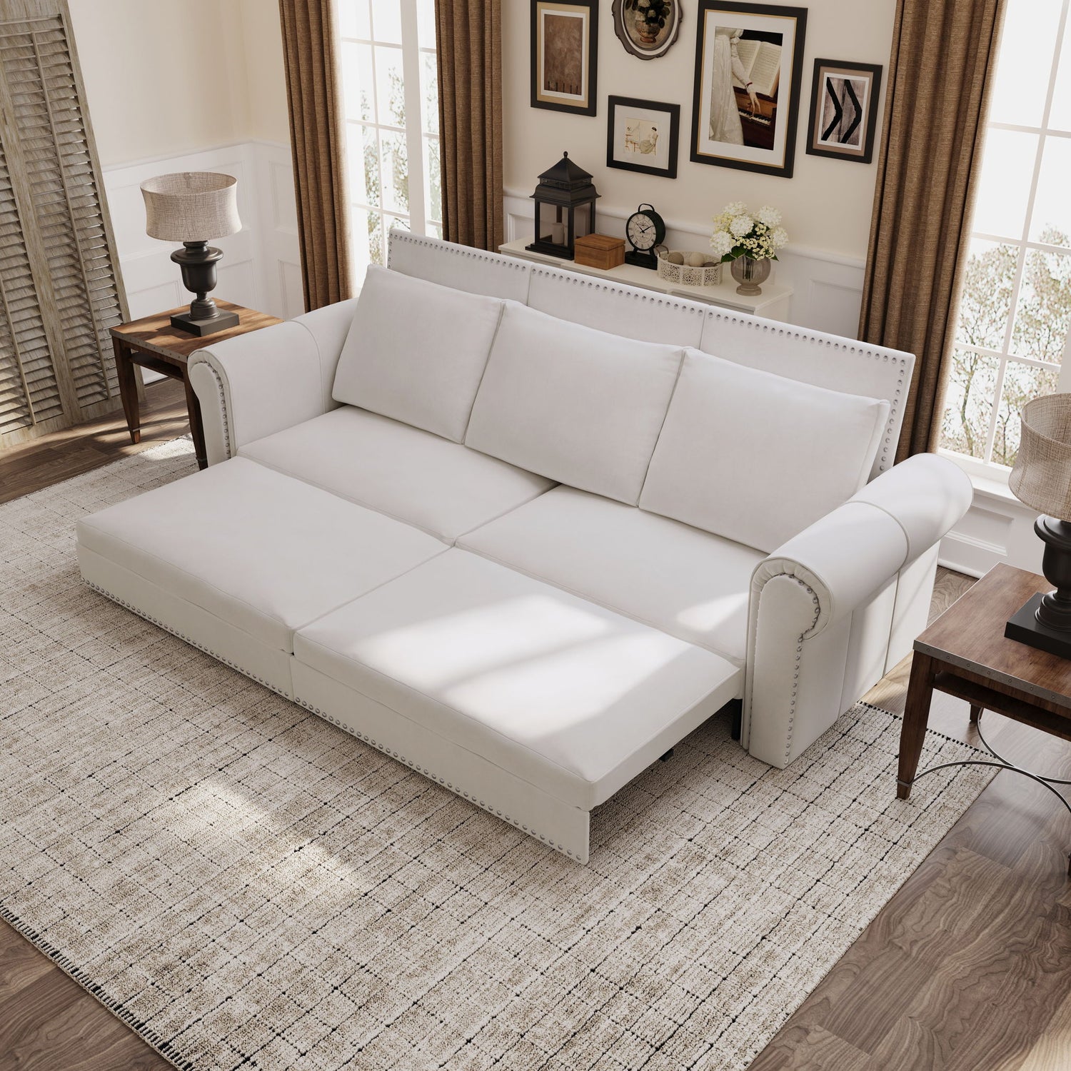 Pull Out Sofa Bed 3 In 1 Velvet Convertible Sleeper Sofa With Nailhead Trim &amp; Rolled Arm, Multi Functional