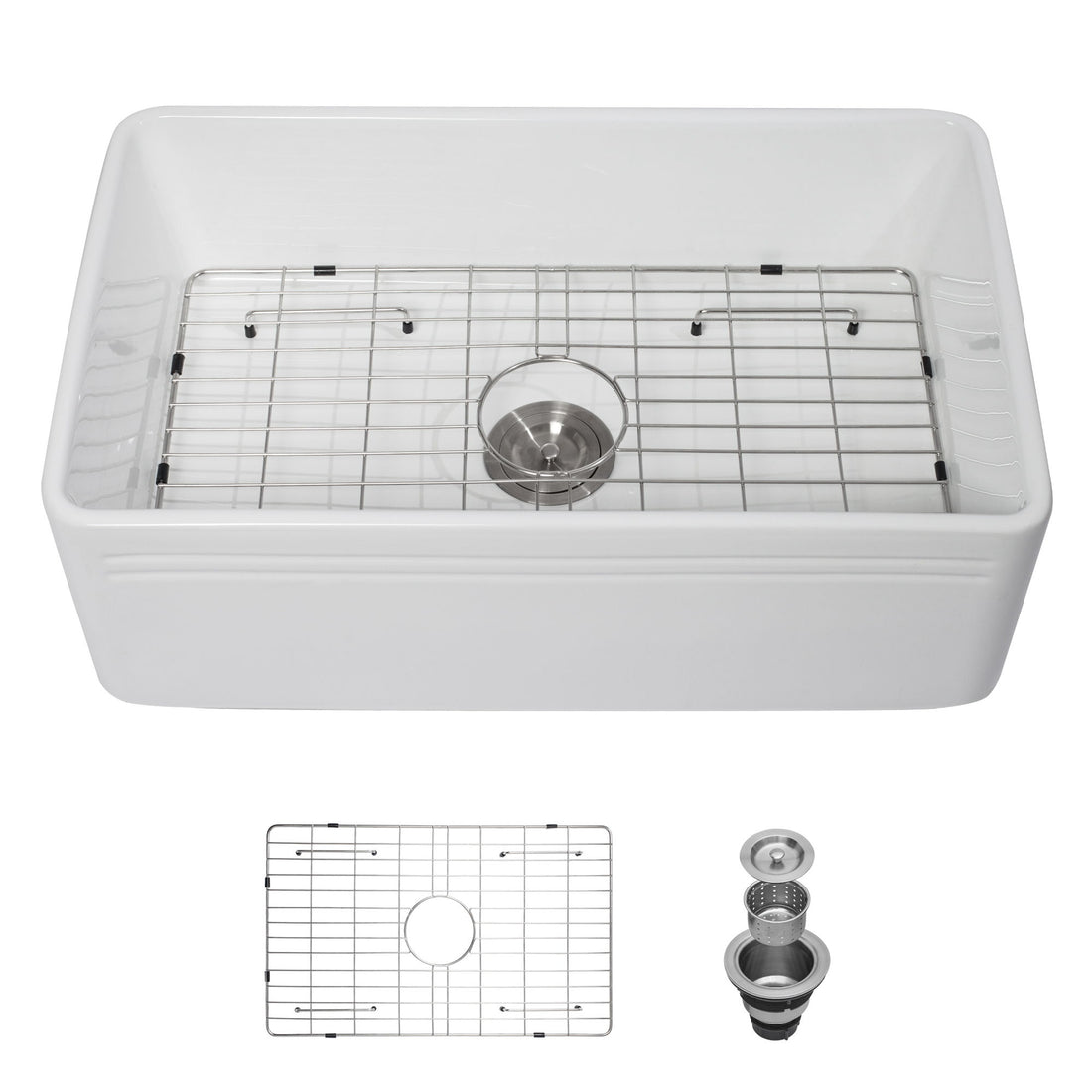 Sink 30&quot; Apron Front Reversible Single Bowl Kitchen Sink With Grid And Strainer - White