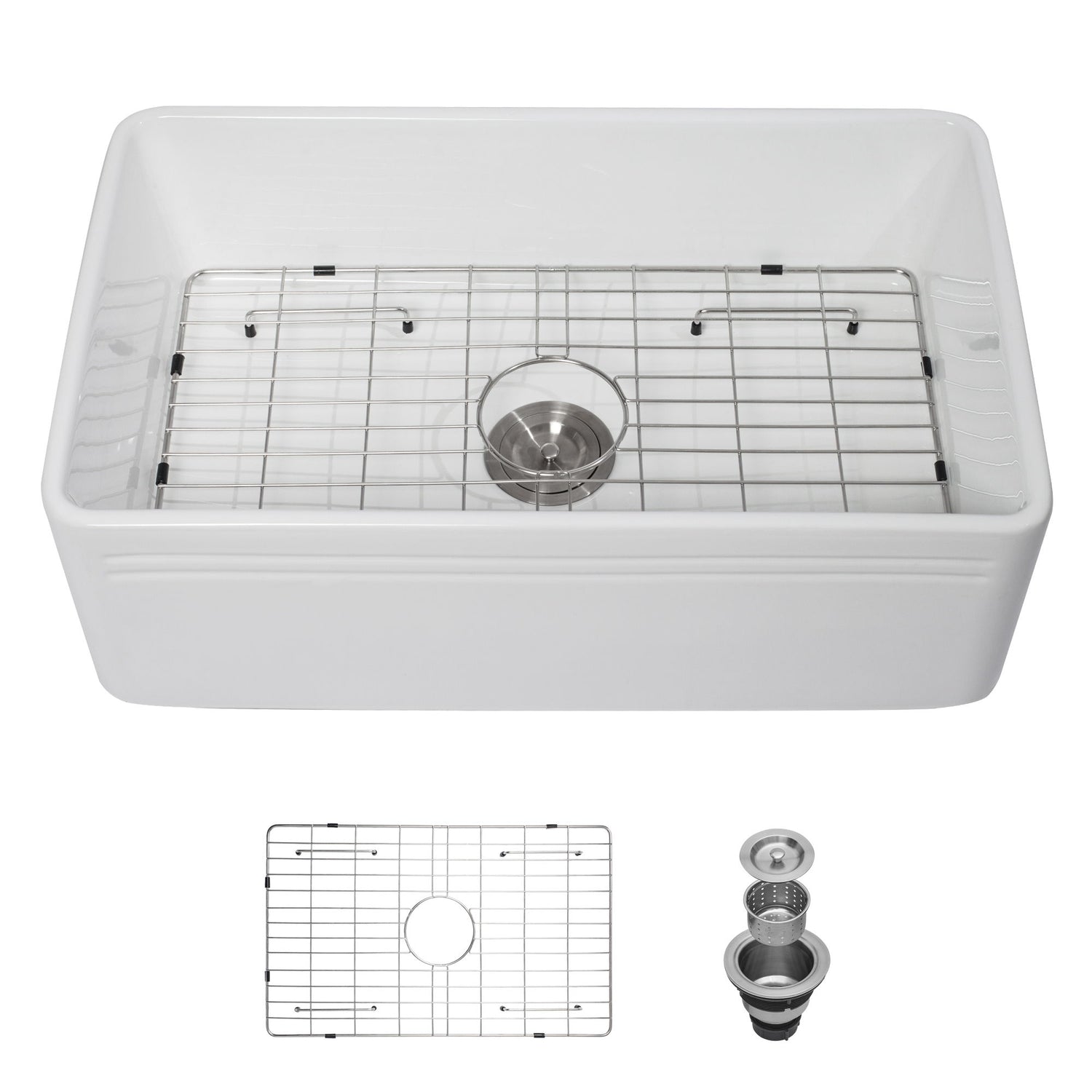 Sink 30&quot; Apron Front Reversible Single Bowl Kitchen Sink With Grid And Strainer - White