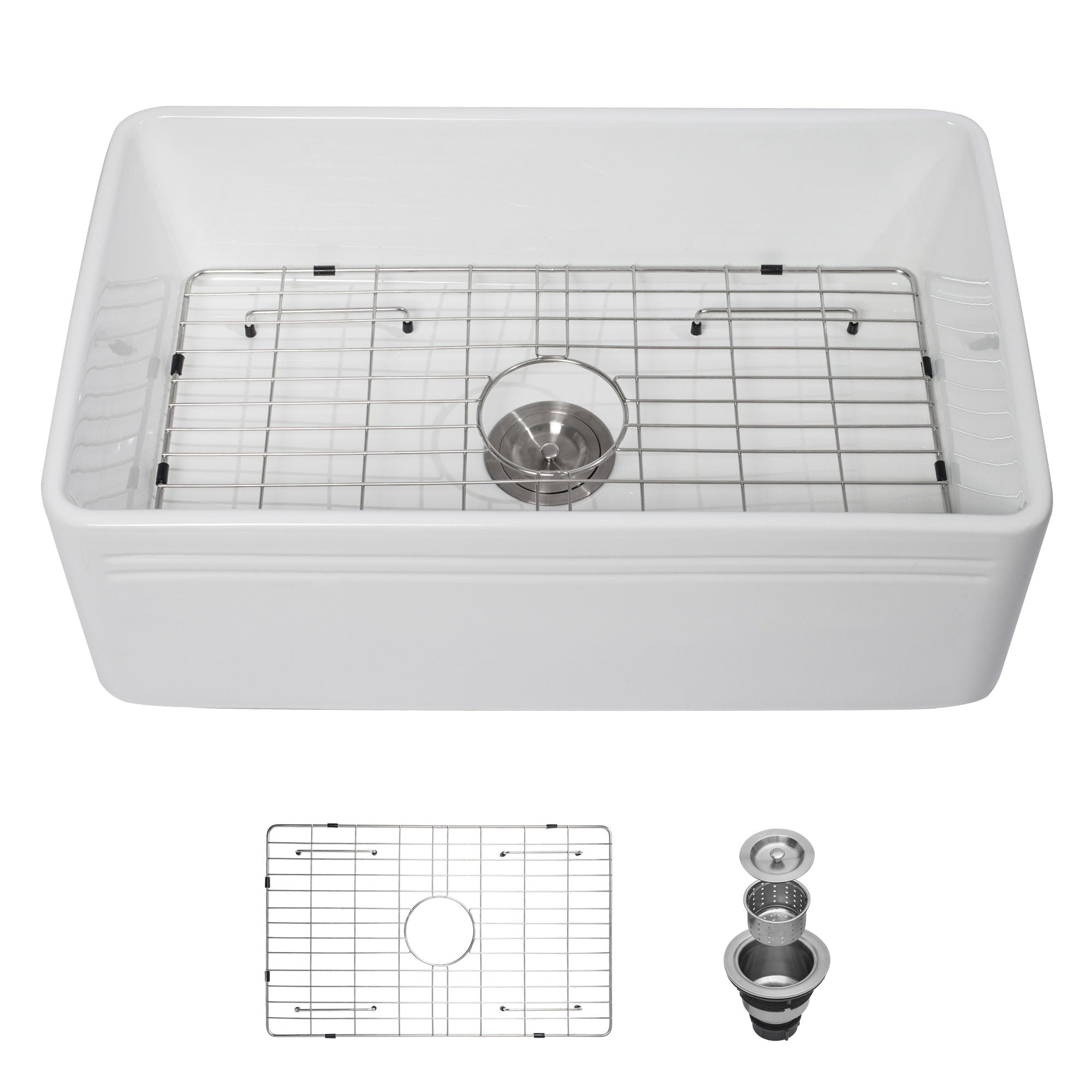 Sink 30&quot; Apron Front Reversible Single Bowl Kitchen Sink With Grid And Strainer - White