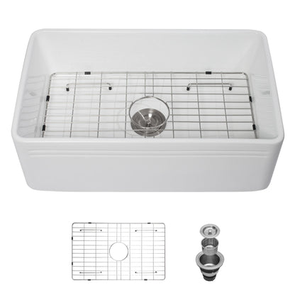 Sink 30&quot; Apron Front Reversible Single Bowl Kitchen Sink With Grid And Strainer - White