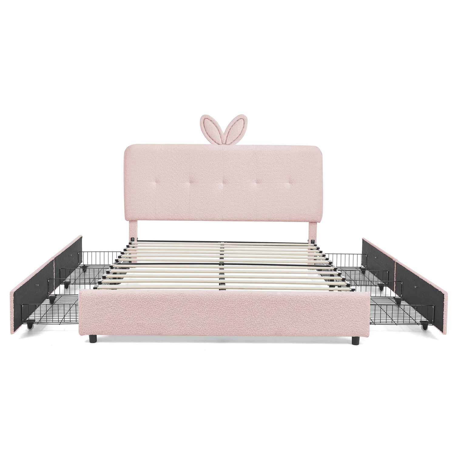 Upholstered Bed With Oversized Rabbit Ear Headboard, LED Lights &amp; 4 Storage Drawers