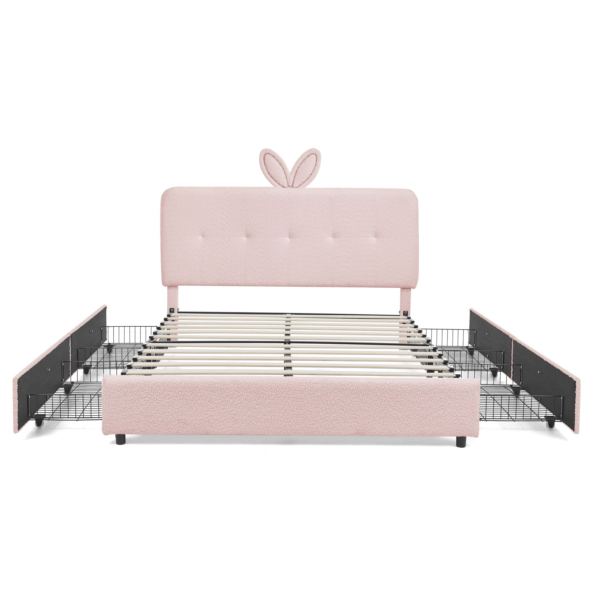 Upholstered Bed With Oversized Rabbit Ear Headboard, LED Lights &amp; 4 Storage Drawers