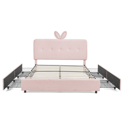 Upholstered Bed With Oversized Rabbit Ear Headboard, LED Lights &amp; 4 Storage Drawers