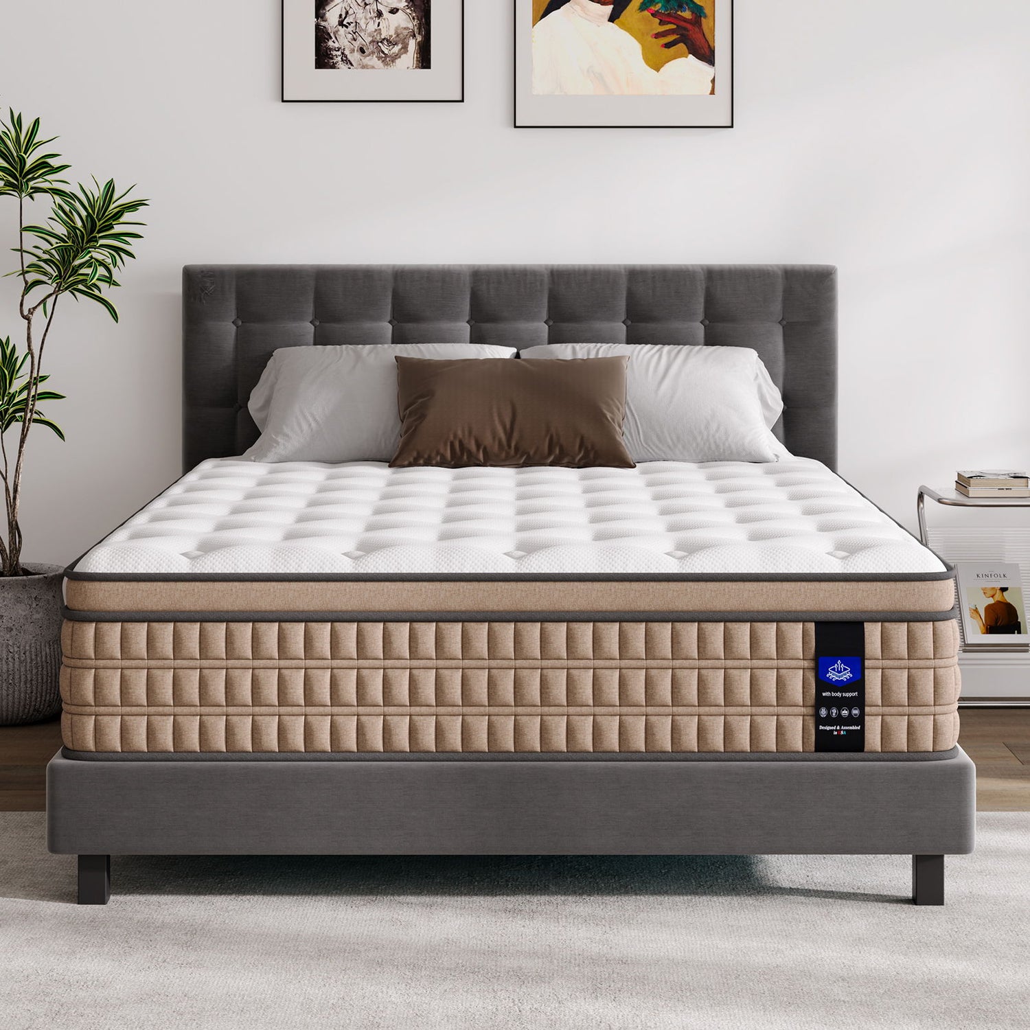 14" King Mattress Hotel Collection Hybrid Mattress With Gel Memory Foam &amp; Pocket Springs - Brown / White