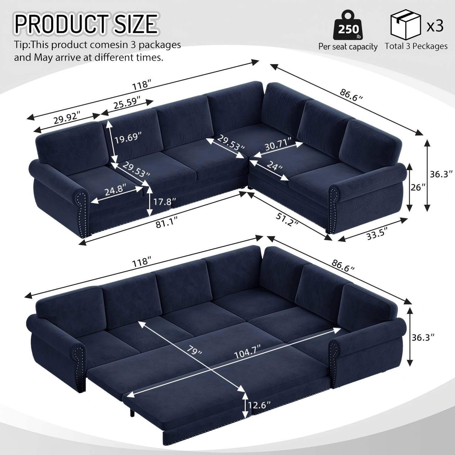 L-Shaped Sofa Couch With Pull Out Bed With Nailhead Trim &amp; Rolled Arm