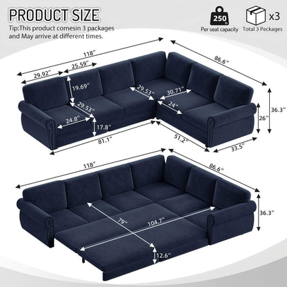 L-Shaped Sofa Couch With Pull Out Bed With Nailhead Trim &amp; Rolled Arm