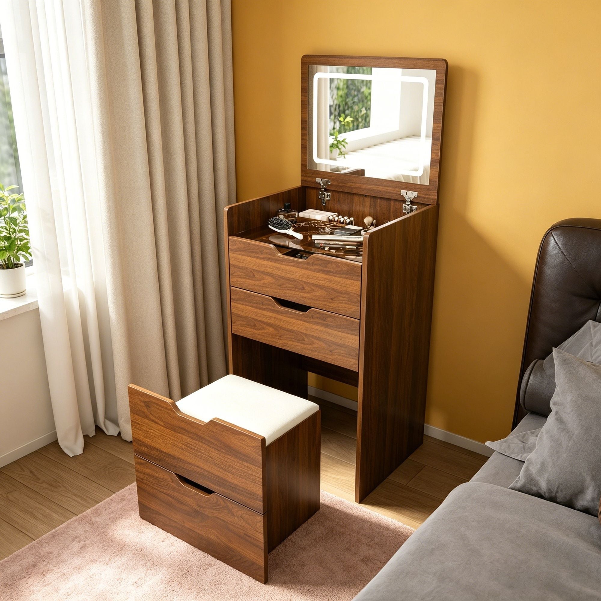 Vanity Desk With Lighted Mirror &amp; Stool