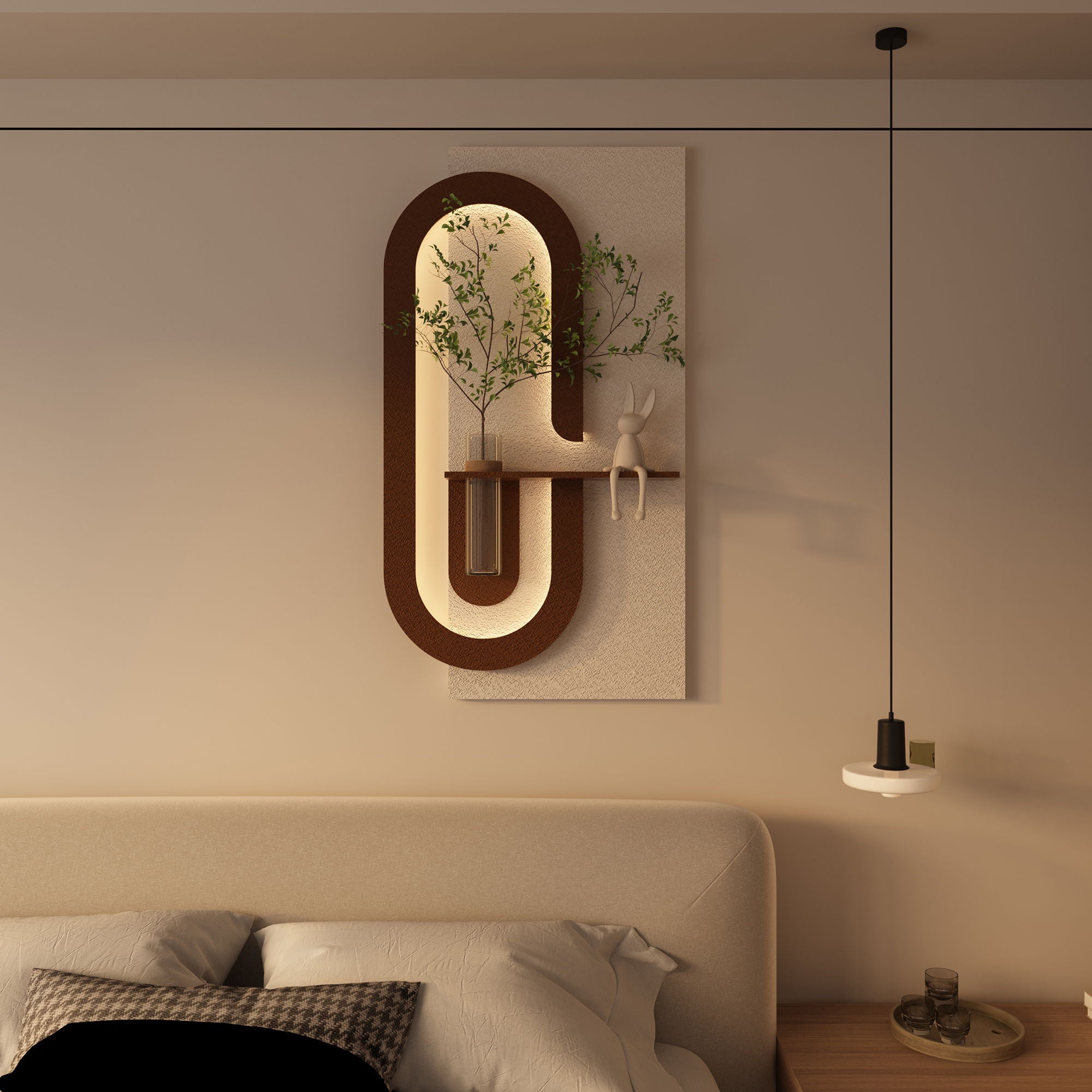 Adjustable LED Sandstone Wall Decor With Simulated Plants 3D Art Sculpture, Glass Vase &amp; Rabbit Statue, Remote Control - Light Coffee