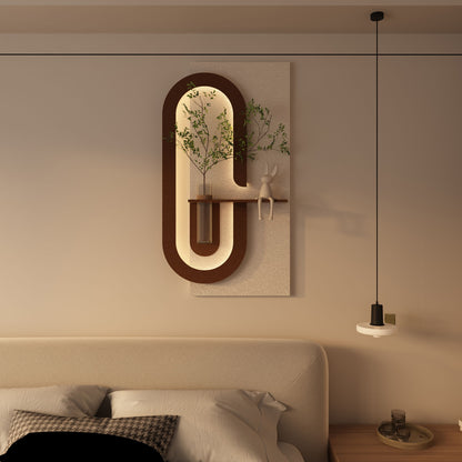 Adjustable LED Sandstone Wall Decor With Simulated Plants 3D Art Sculpture, Glass Vase &amp; Rabbit Statue, Remote Control - Light Coffee