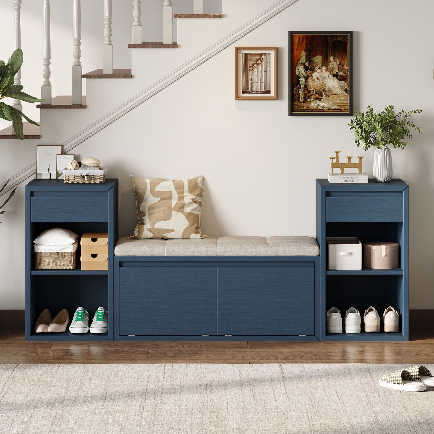 Entryway Storage Bench With Cushion, Drawers &amp; Open Shelves