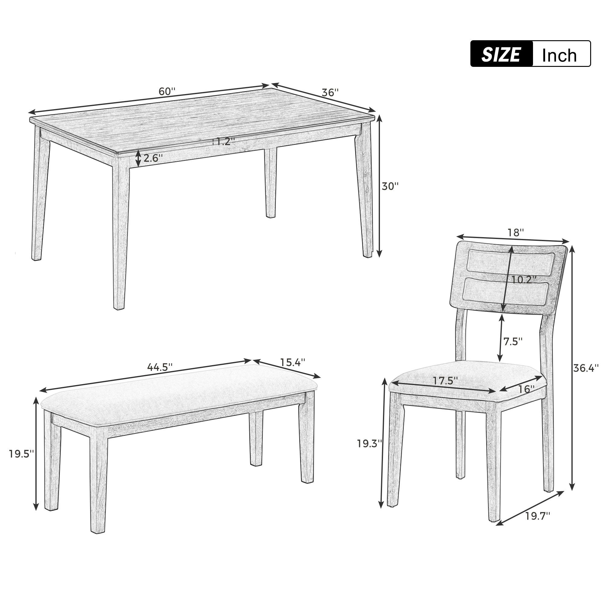 Dining Set Classic And Traditional Style, Includes Dining Table, 4 Upholstered Chairs &amp; Bench