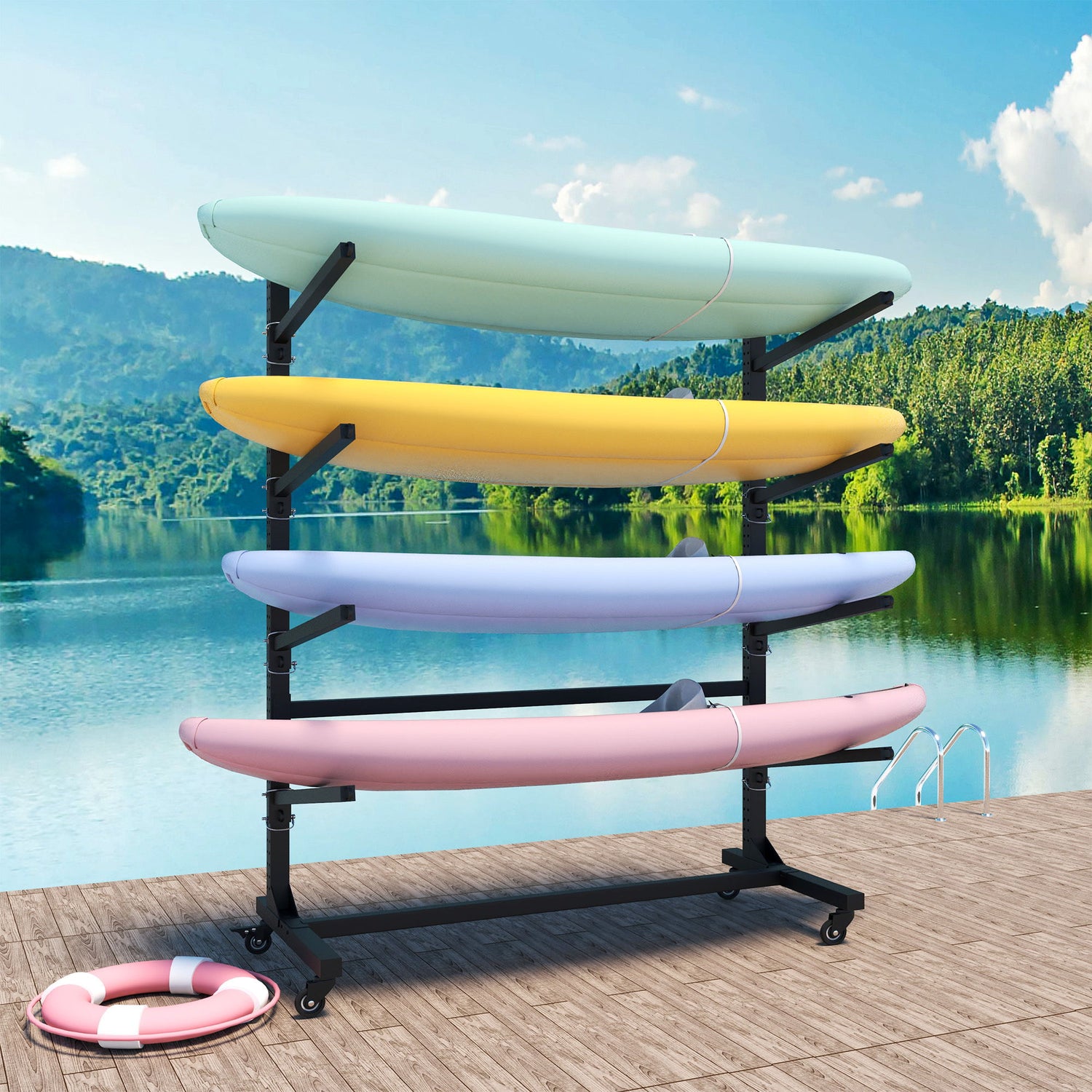 Freestanding Kayak Storage Rack With Lockable Wheels For Kayak, Canoe, Sup &amp; Surfboard