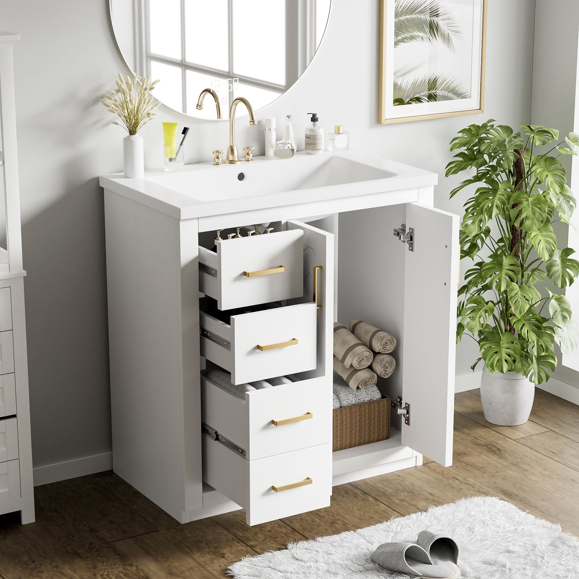 Ceramic Sink Combo, Freestanding Vanity Set With 3 Drawers &amp; Soft Closing Doors