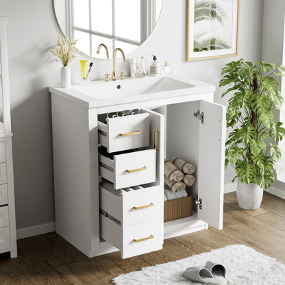 Ceramic Sink Combo, Freestanding Vanity Set With 3 Drawers &amp; Soft Closing Doors