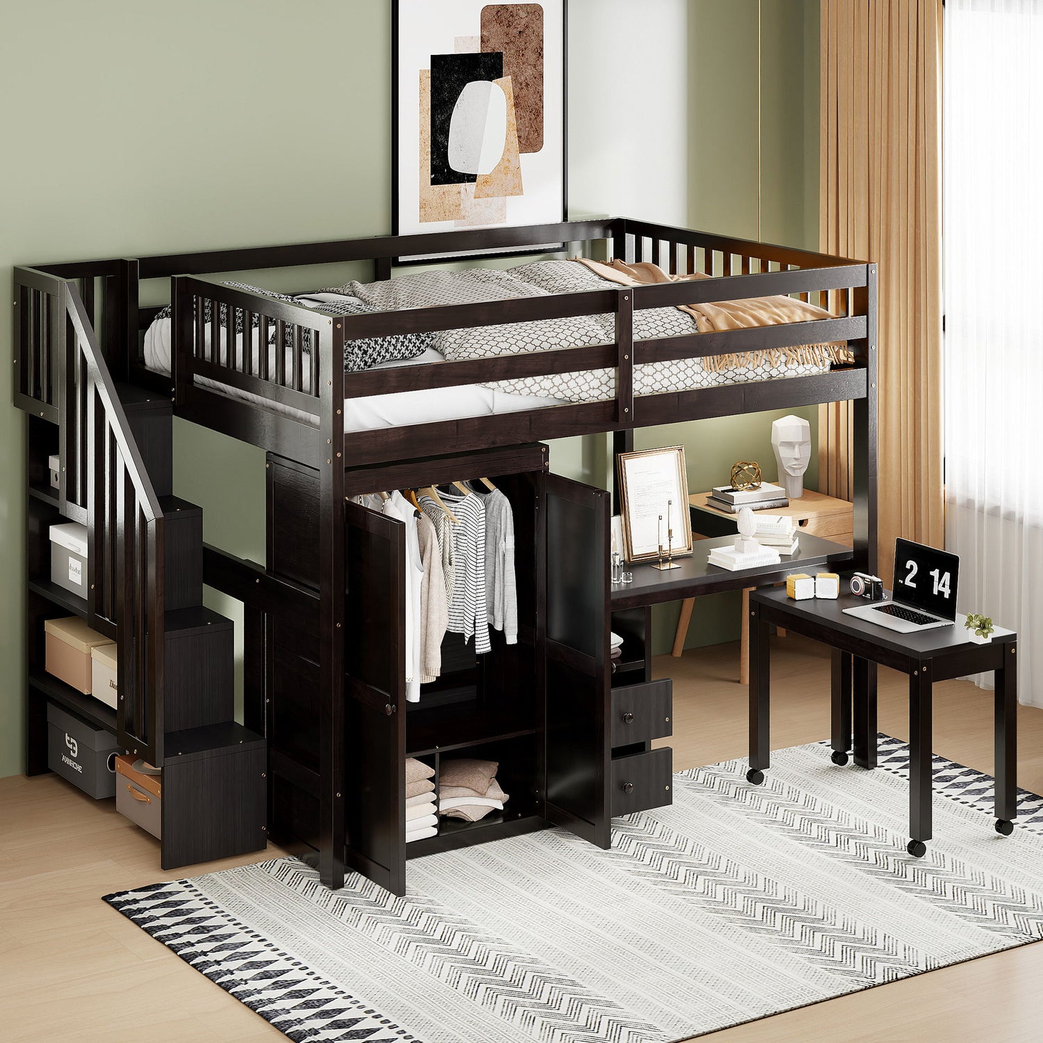 Loft Bed With Stairs, Bookshelf, Drawers, Desk &amp; Wardrobe, Space Saving Multifunctional Furniture