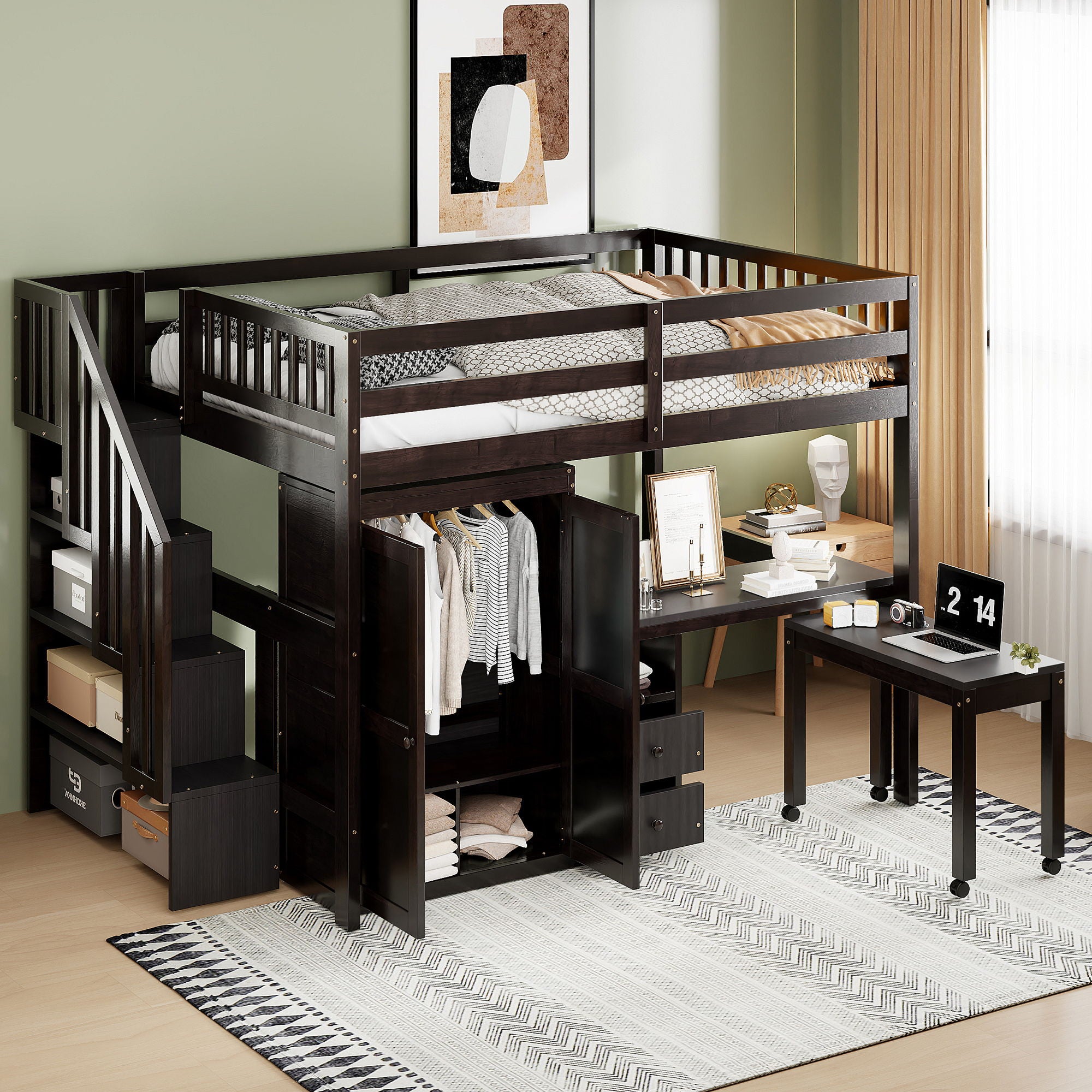 Loft Bed With Stairs, Bookshelf, Drawers, Desk &amp; Wardrobe, Space Saving Multifunctional Furniture