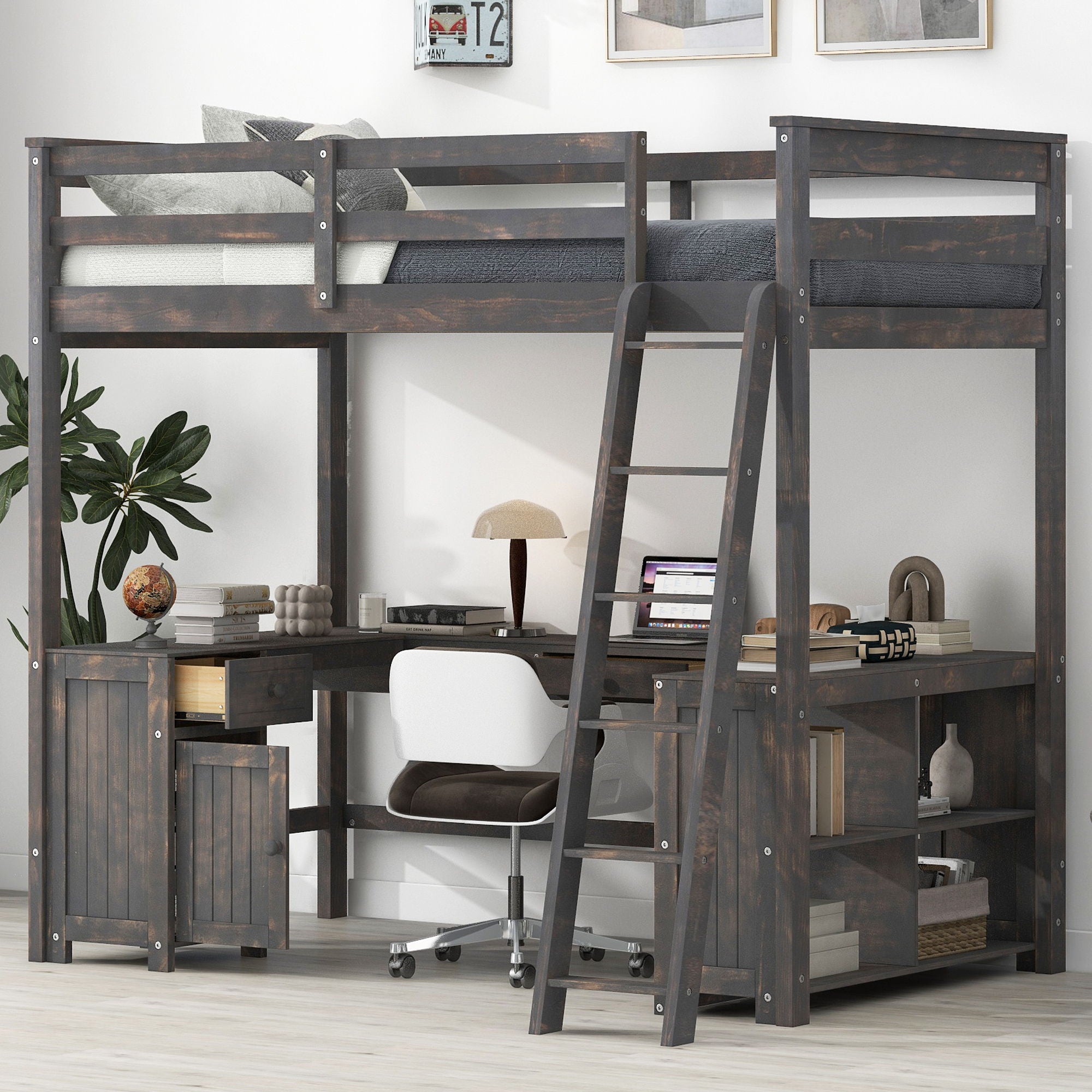 Loft Bed With U-Shaped Desk, Drawers, And Storage Shelves