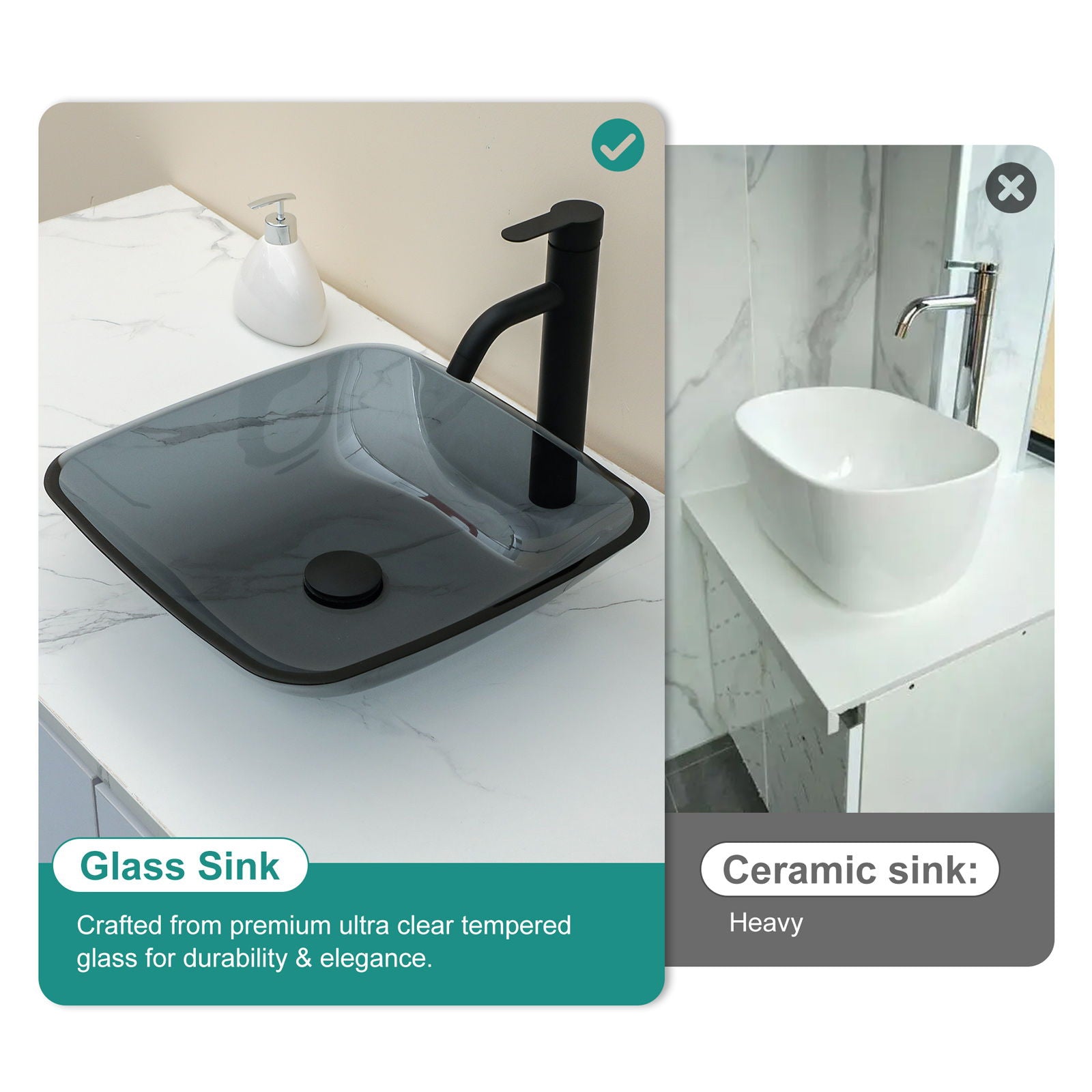 Square Vessel Sink For Bathroom, Above Counter Design With Pop Up Drain, Smooth Rounded Edges - Gray