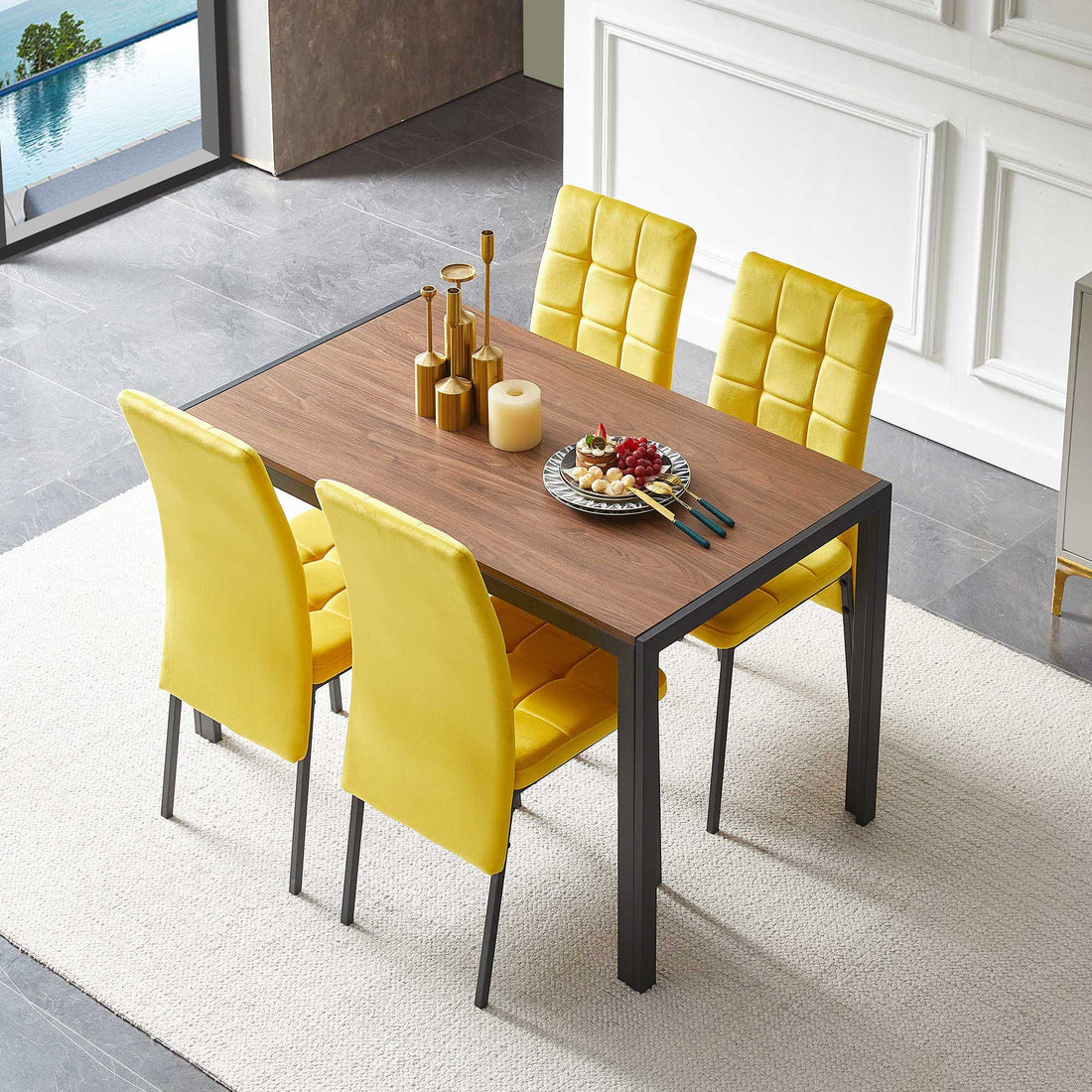 5 Piece Dining Set Including Velvet High Back Nordic Dining Chair &amp; Creative Design Dining Table