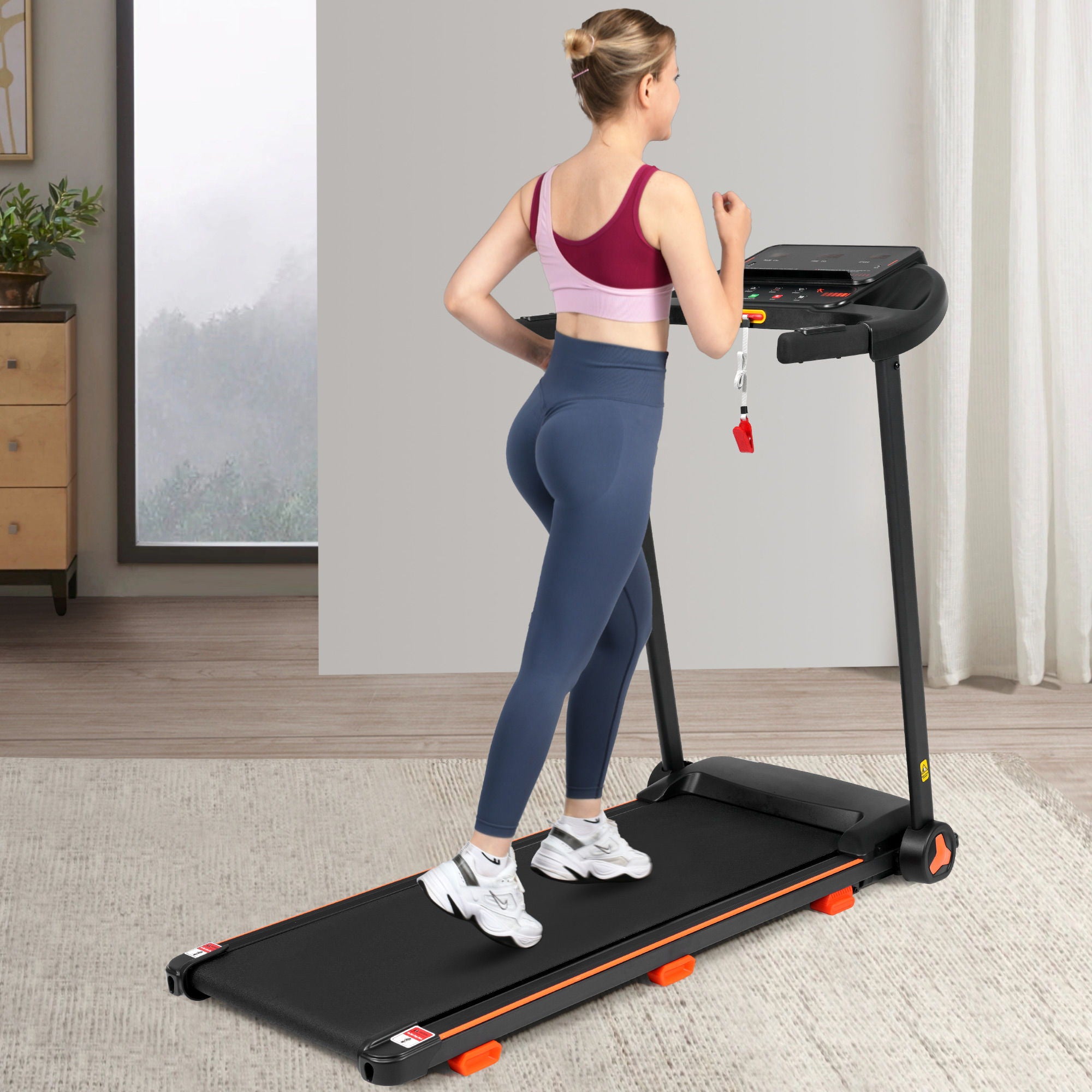 2.5Hp Quiet Folding Treadmill With Heart Rate Sensor, 300Lbs Weight Capacity, With USB Charge Station For Android &amp; Bluetooth Speaker, 6 Shock Absorbing - Black