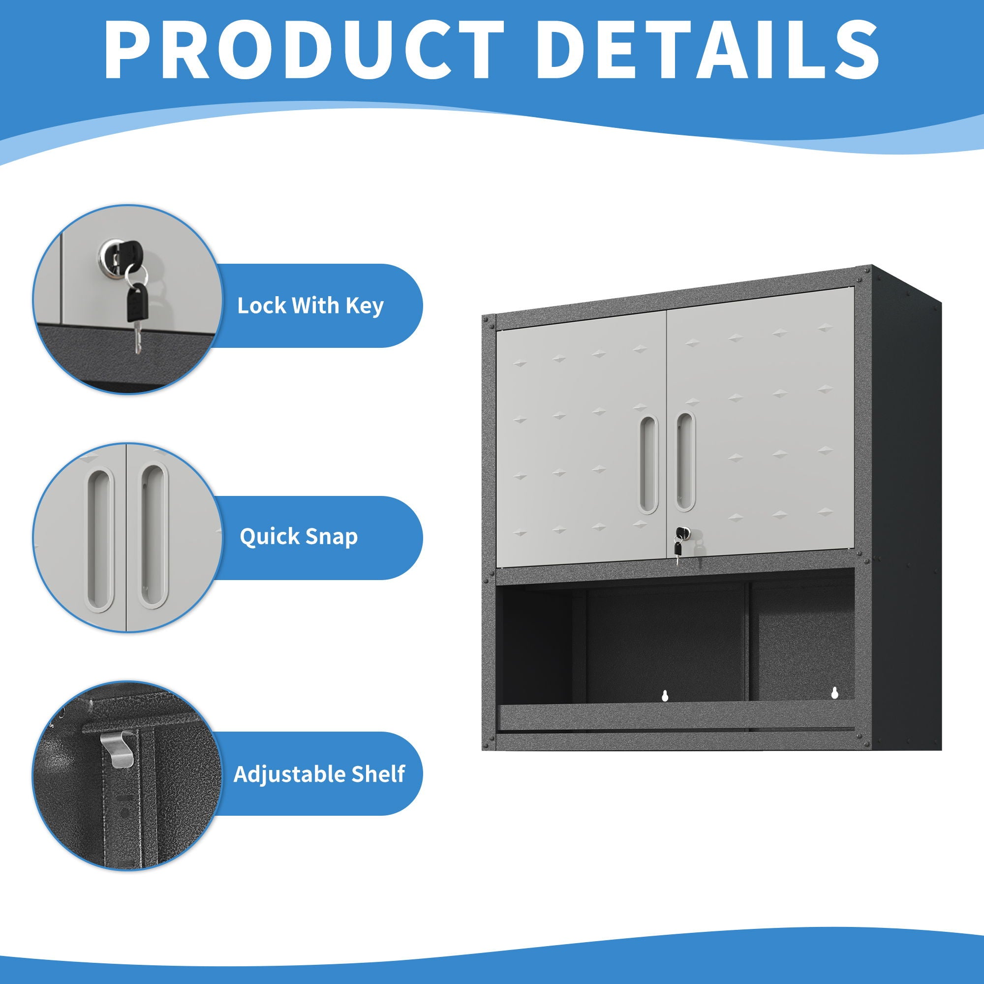 Metal Wall Mounted Tool Storage Cabinet With Locking Door, 1 Shelf &amp; 1 Drawer