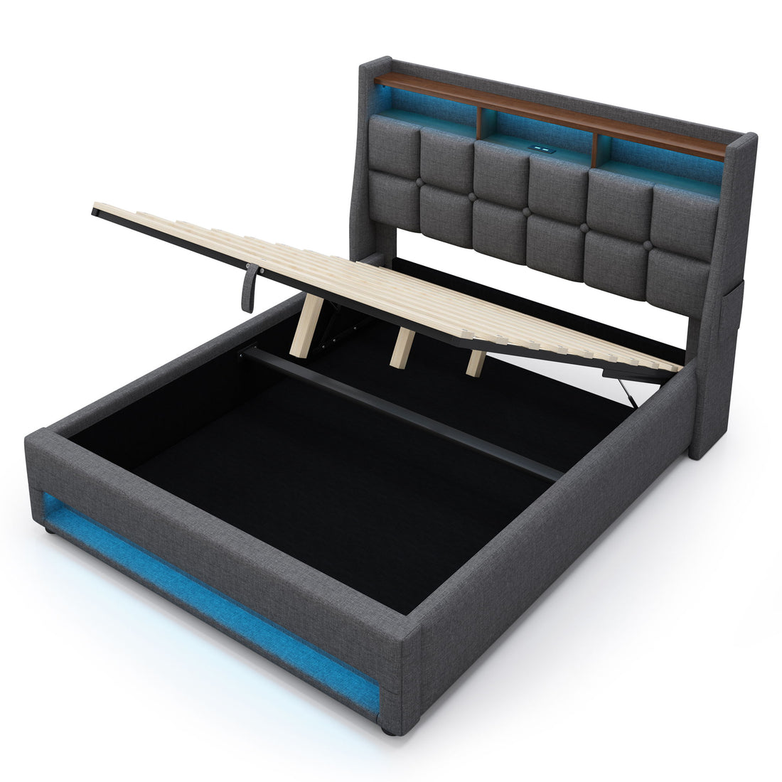 Platform Bed With Hydraulic Storage, LED Lighting &amp; Charging Station