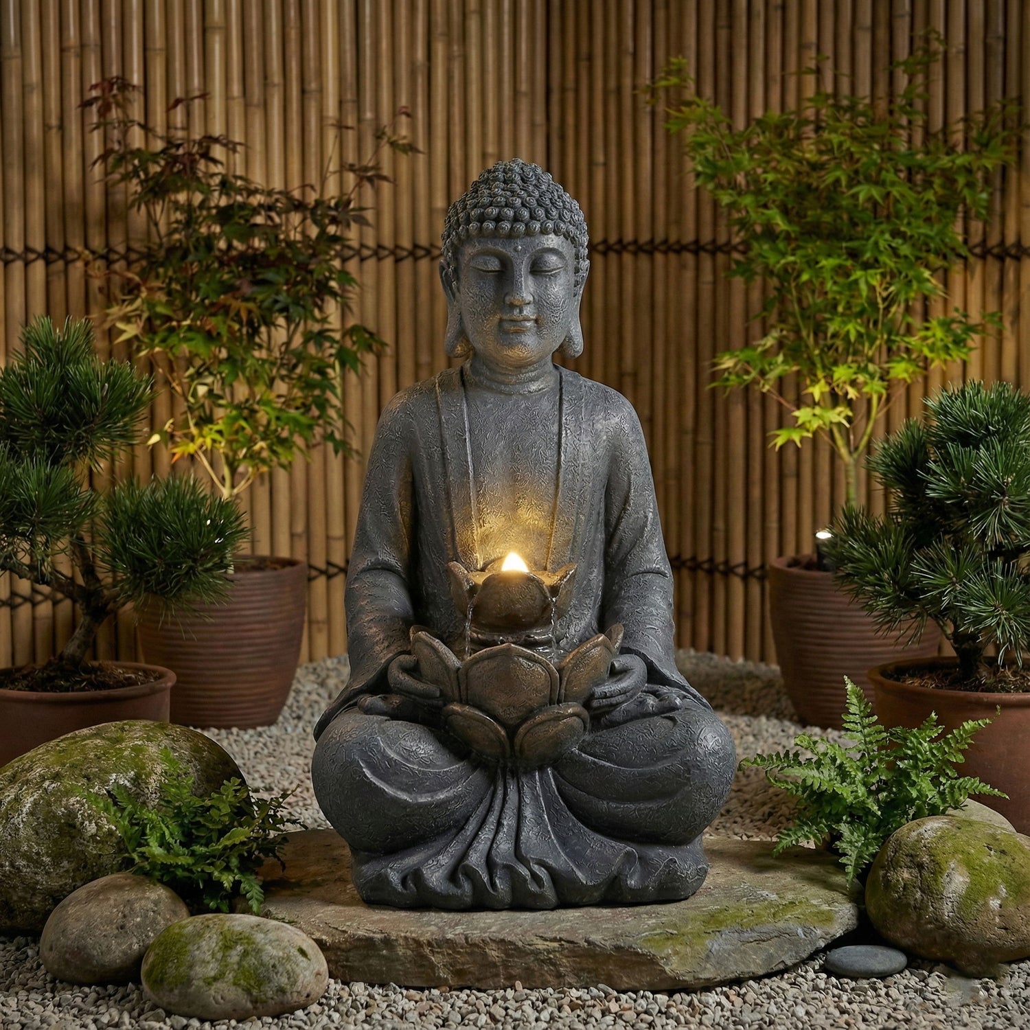 Zen - 2 Tier Meditating Buddha Water Fountain With Pump &amp; LED Light - Gray