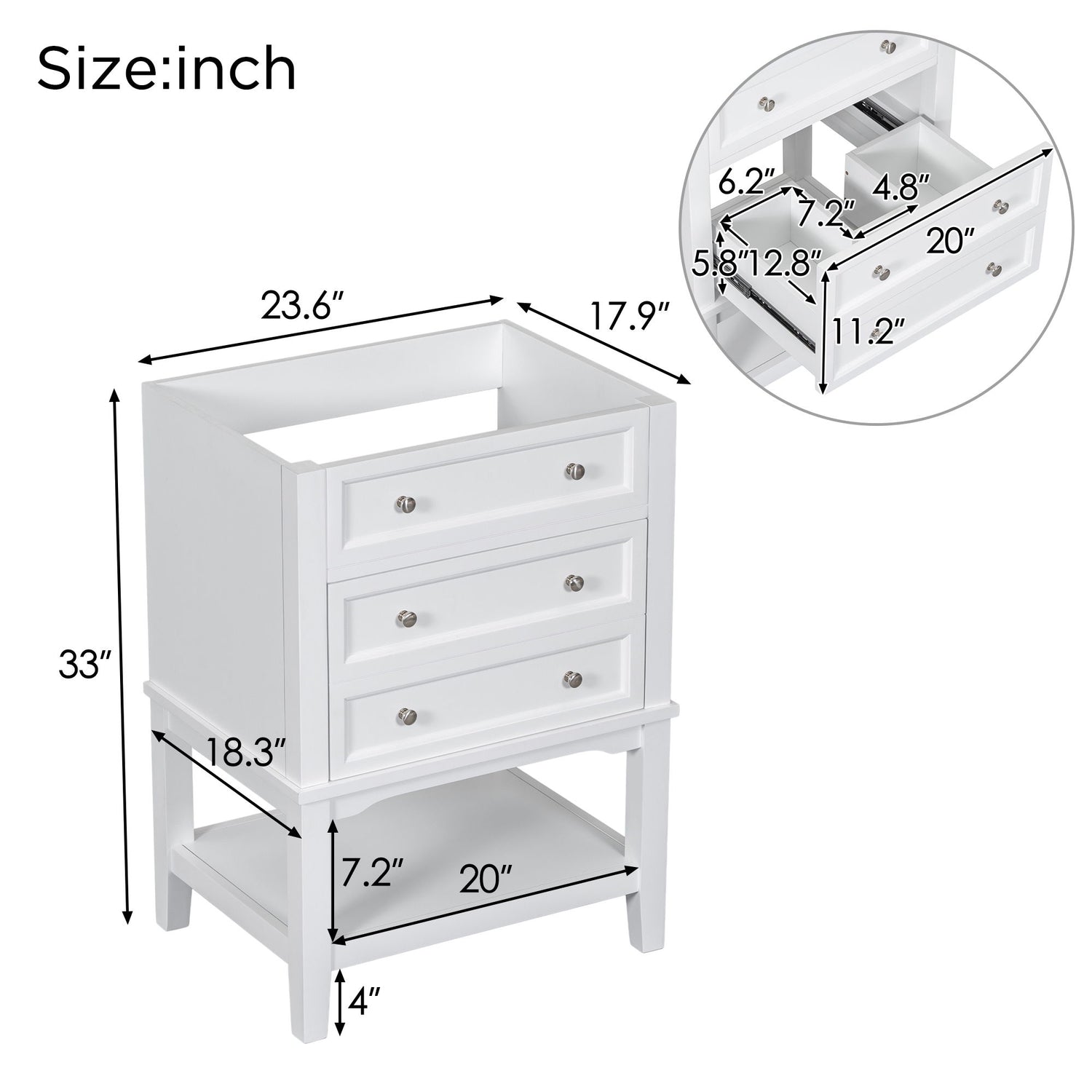 24&quot; Bathroom Vanity Without Sink, Base Only, Storage Cabinet With Drawer And Open Shelf - White